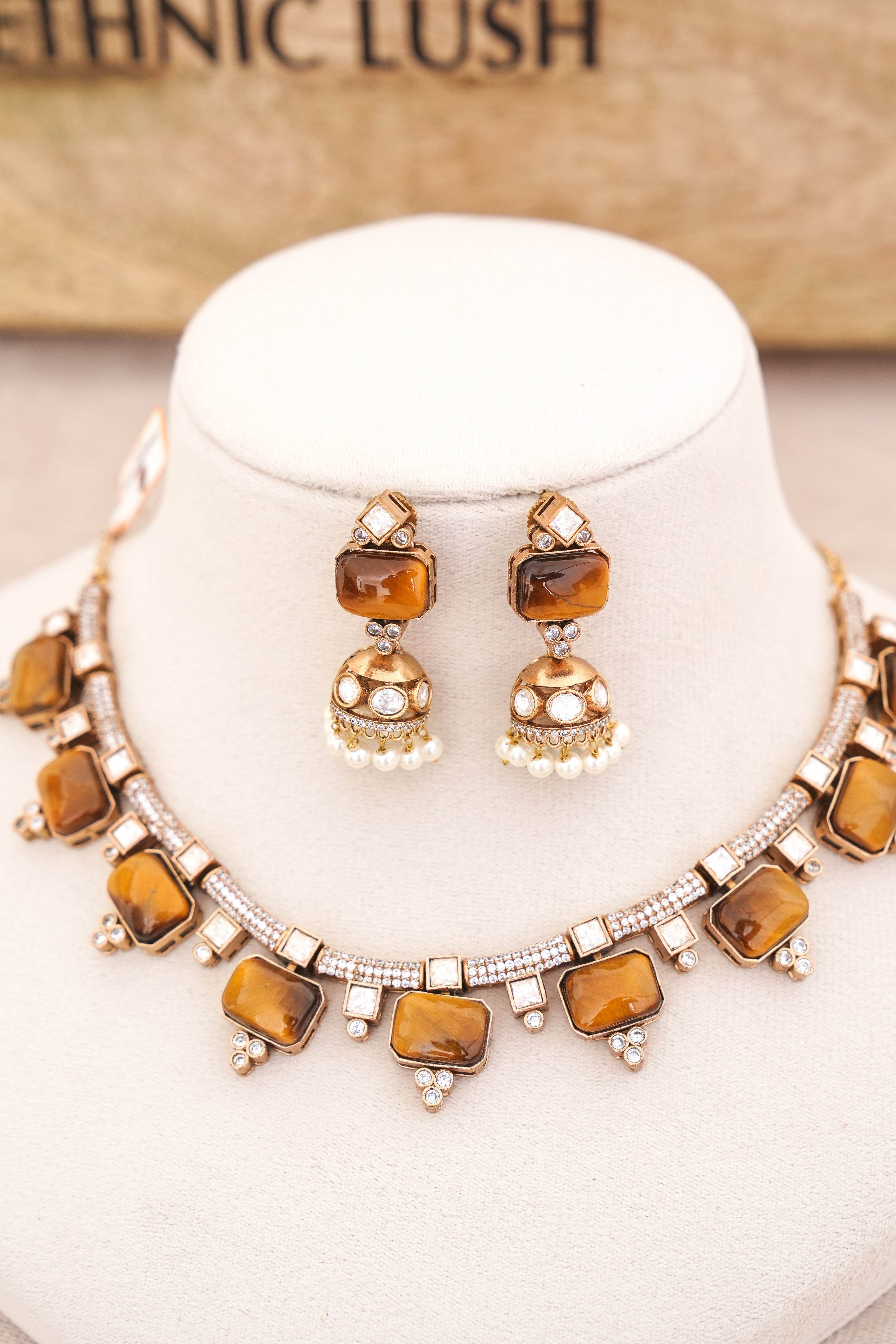 Amber Pearl Jhumka Necklace Set
