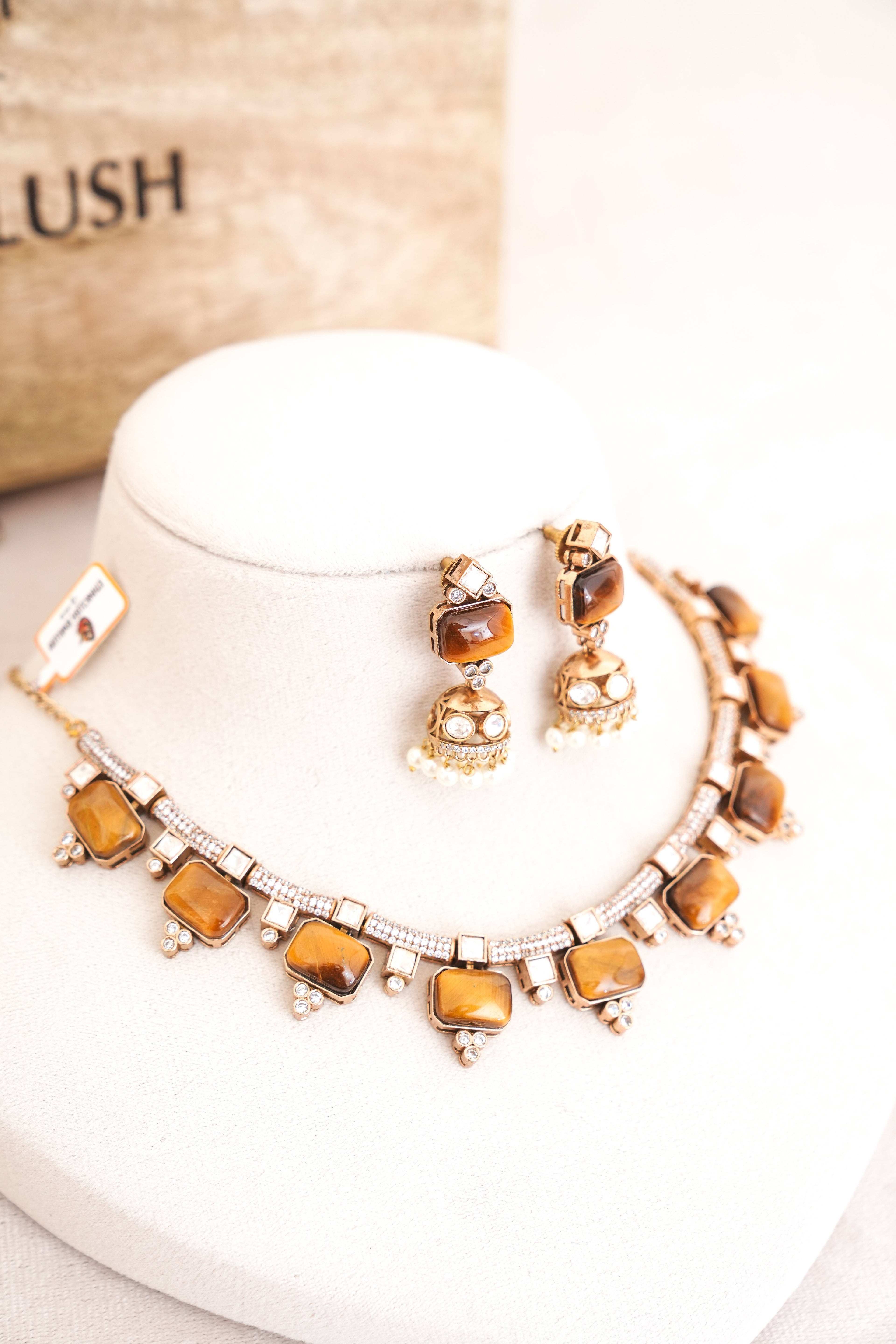 Amber Pearl Jhumka Necklace Set