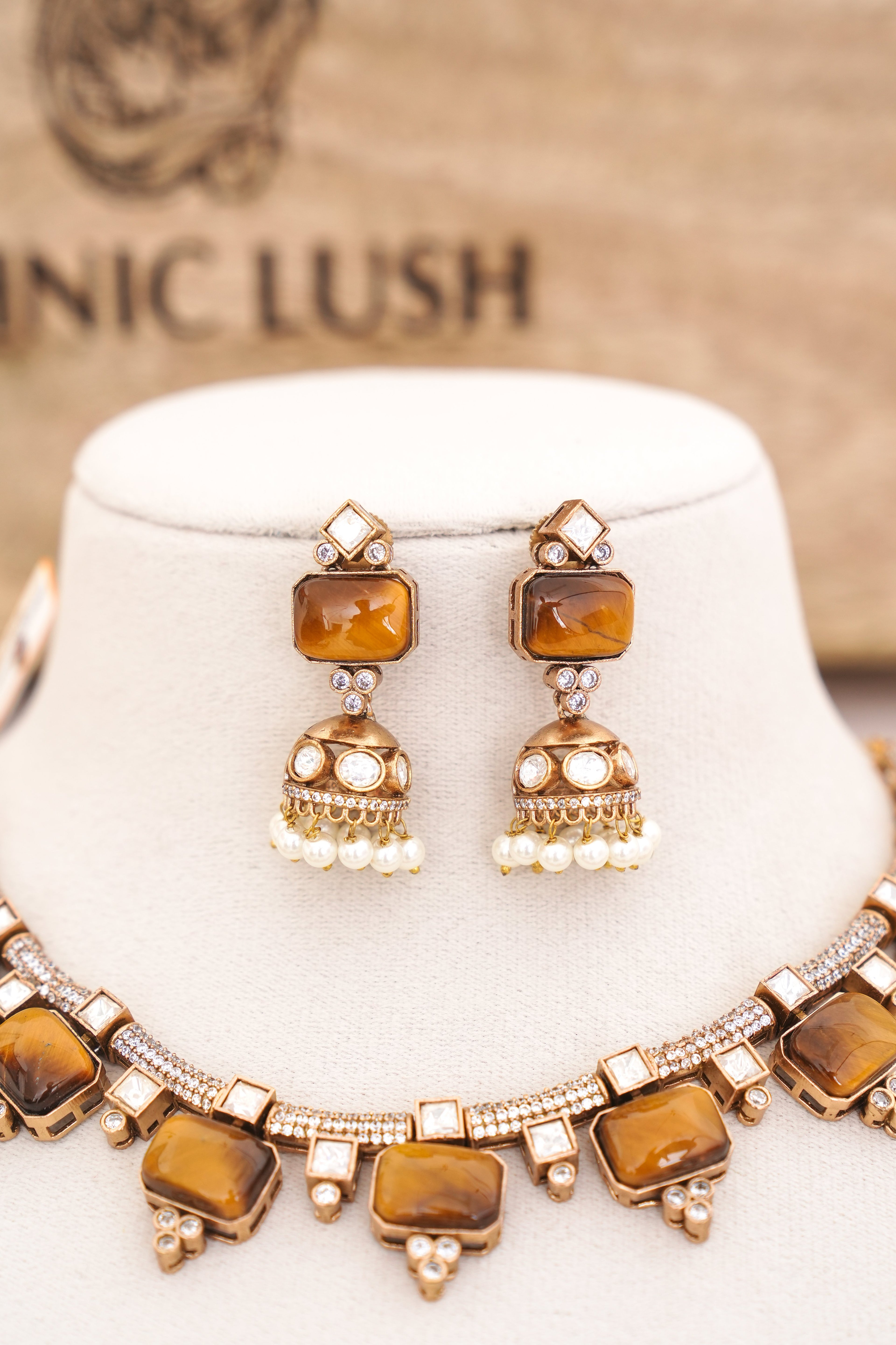 Amber Pearl Jhumka Necklace Set