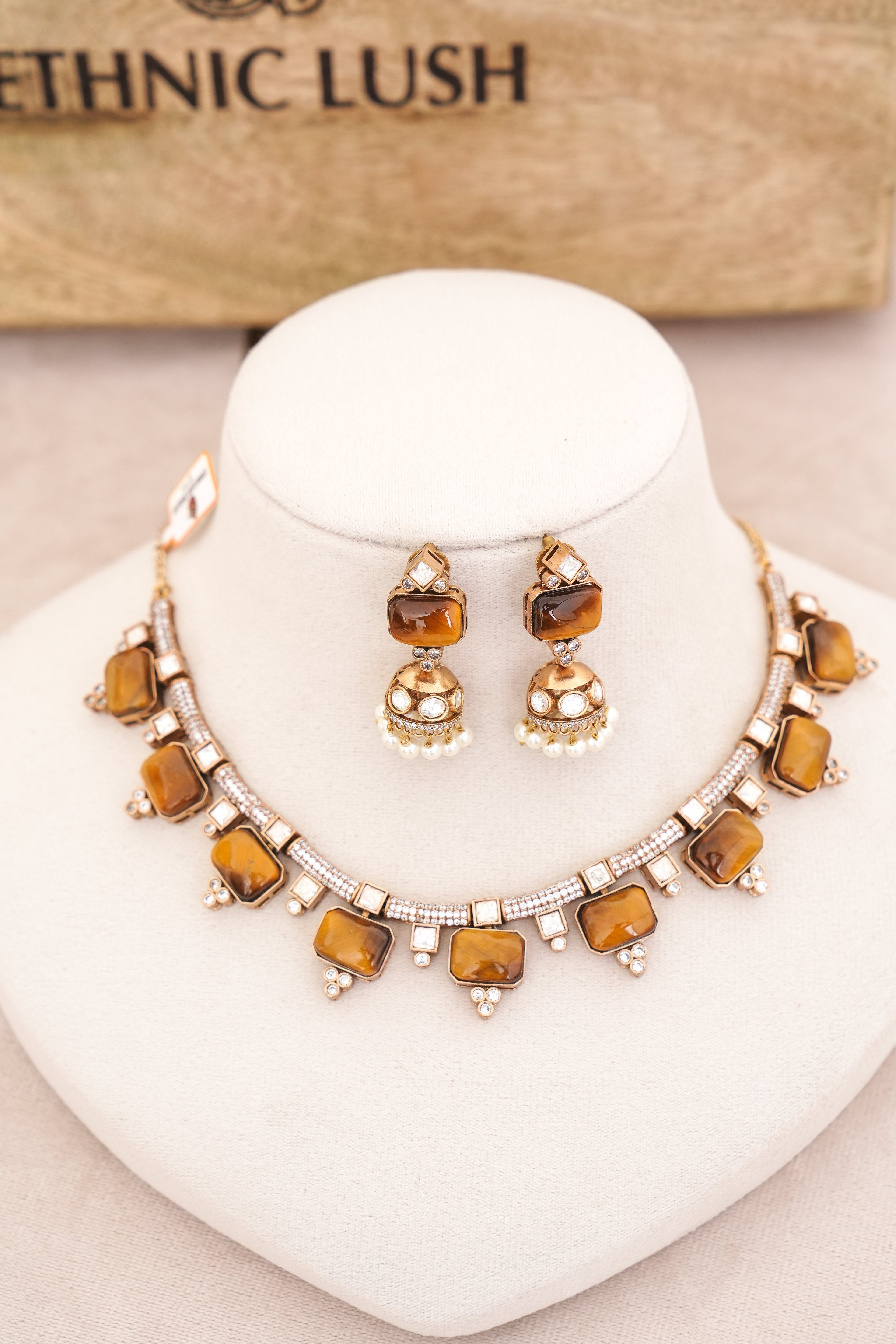 Amber Pearl Jhumka Necklace Set