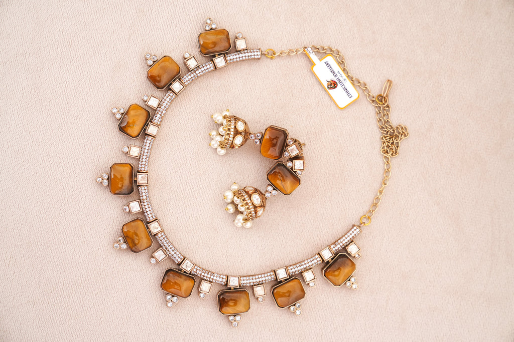 Amber Pearl Jhumka Necklace Set