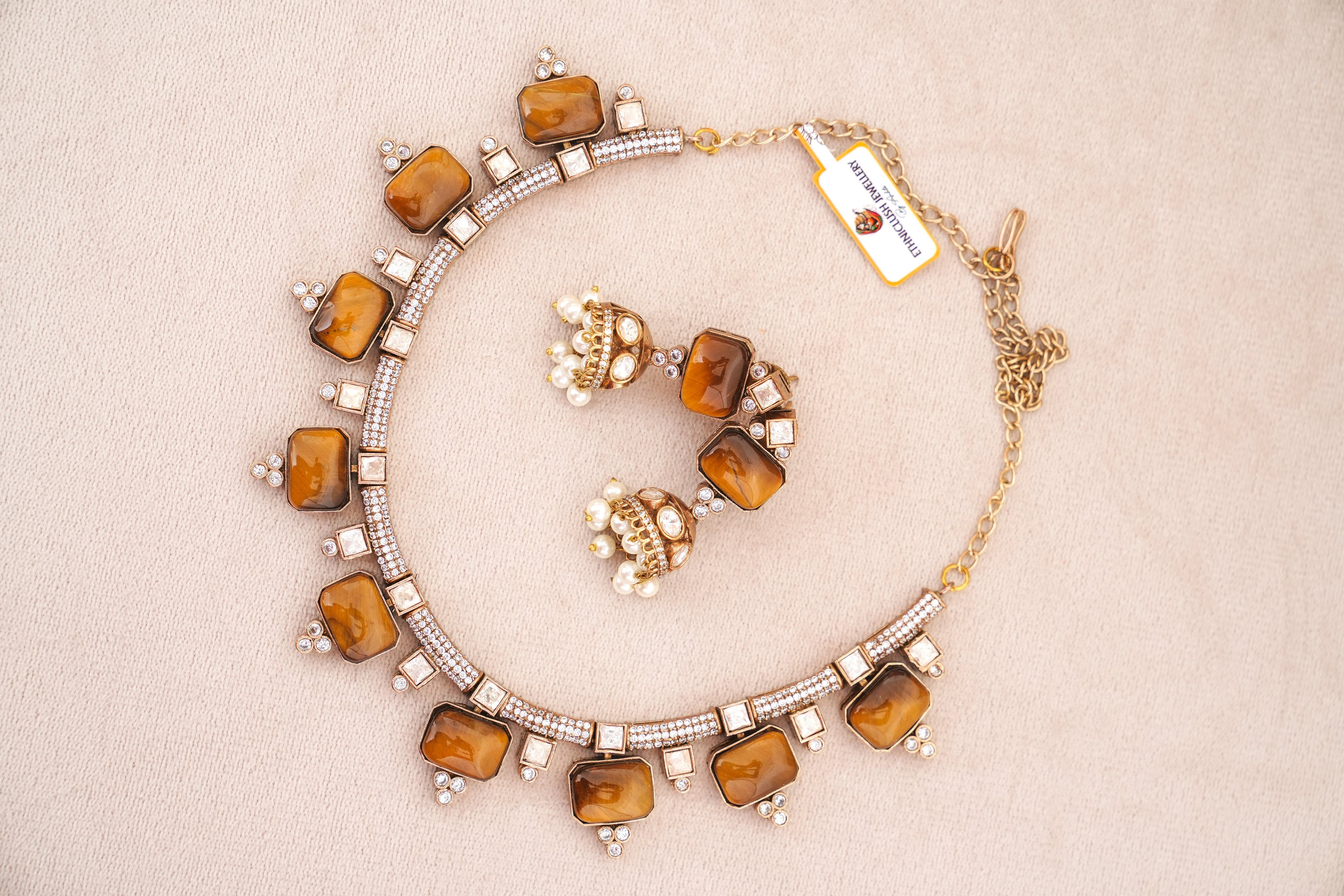 Amber Pearl Jhumka Necklace Set