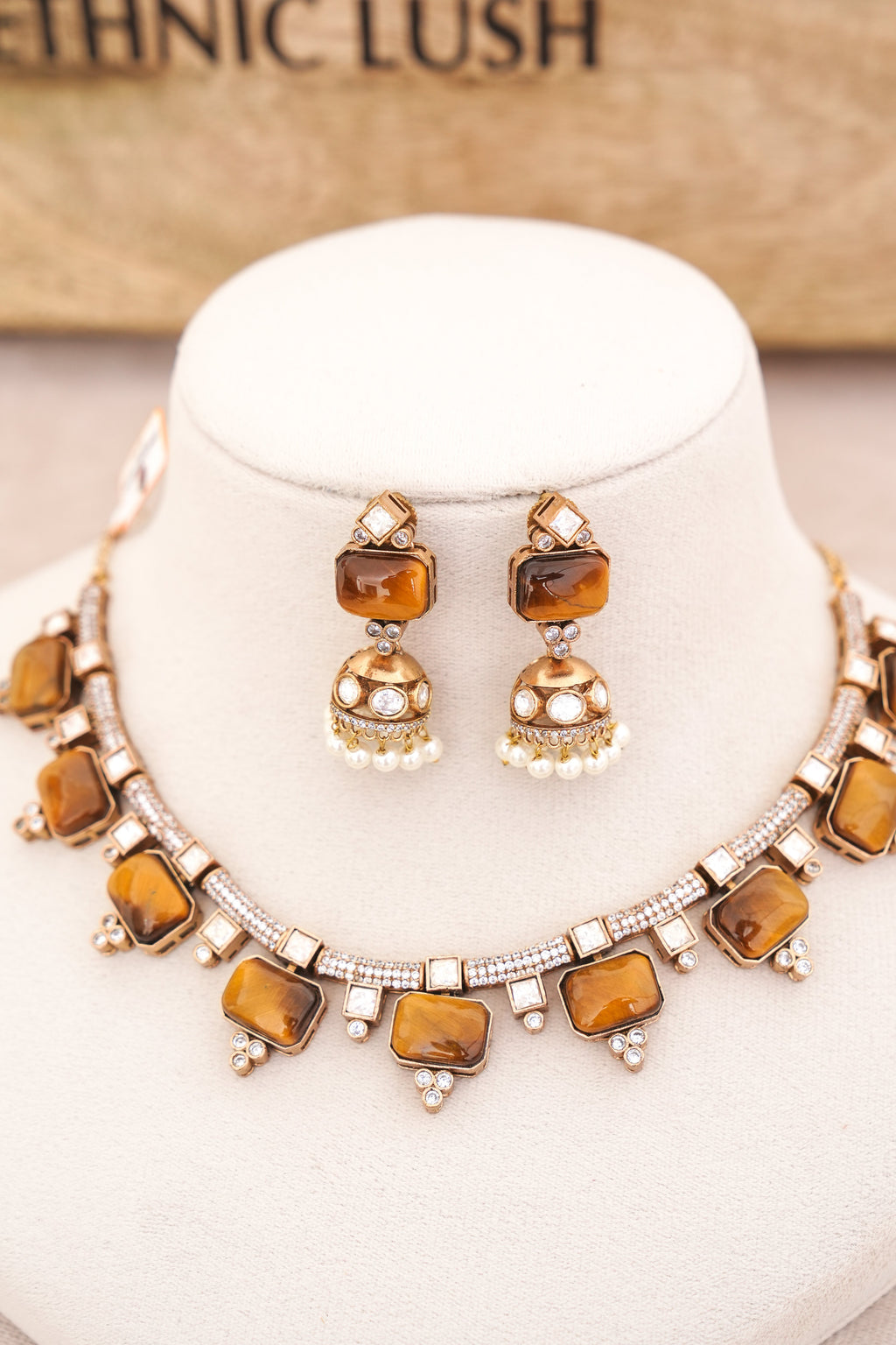 Amber Pearl Jhumka Necklace Set