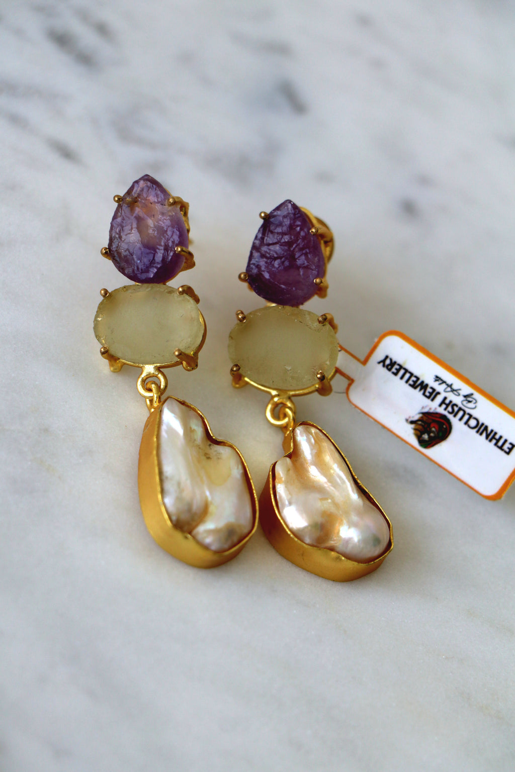 Amethyst Citrine Pearl Dangle Earrings