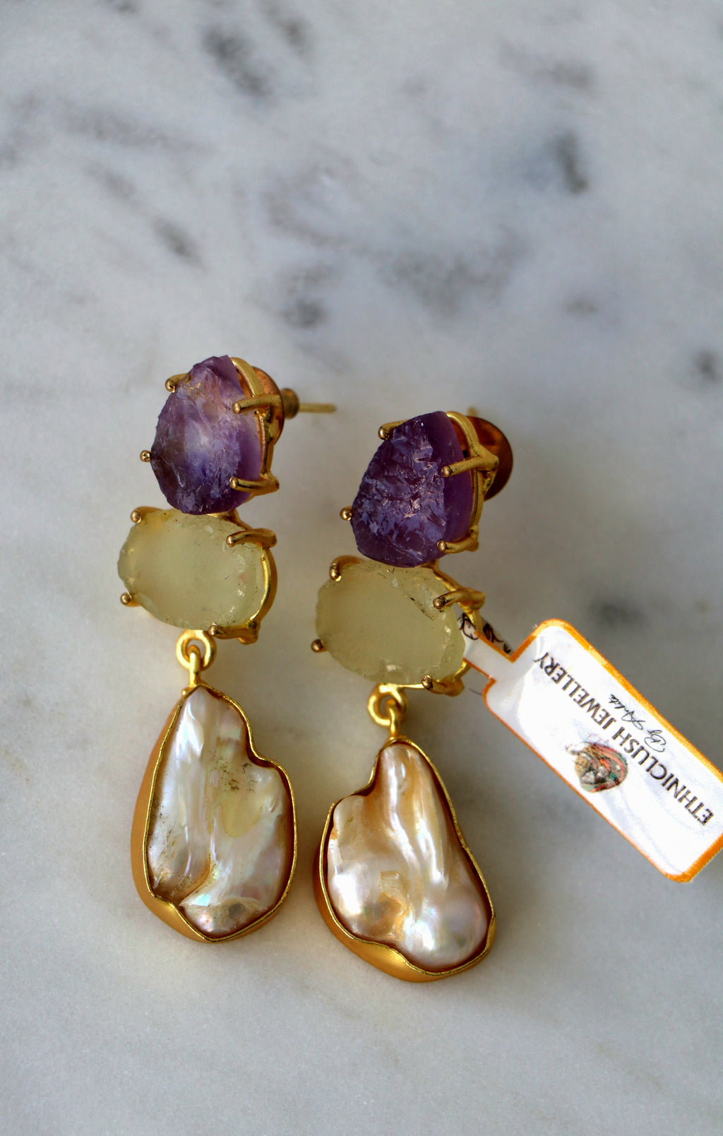 Amethyst Citrine Pearl Dangle Earrings