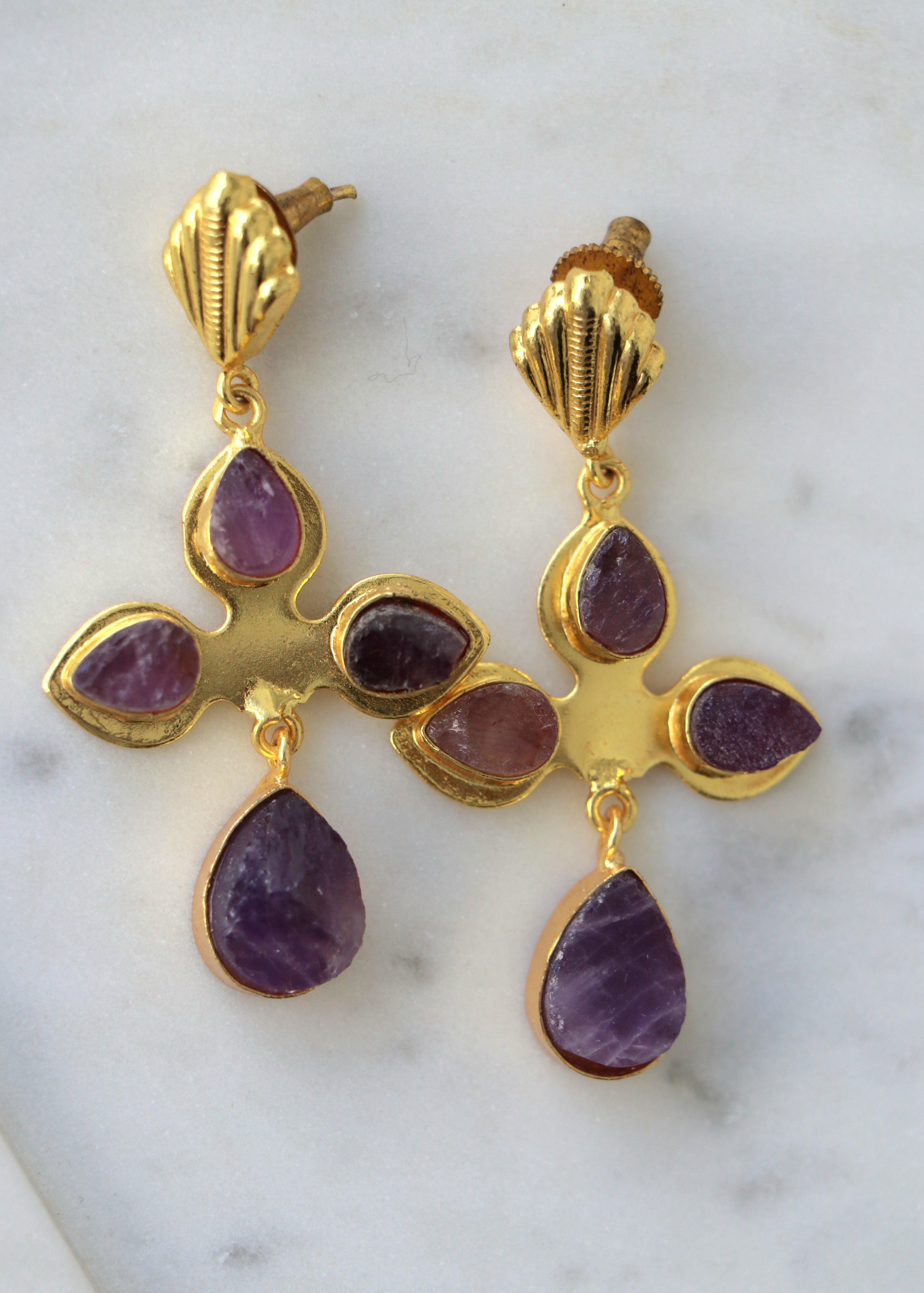 Amethyst Cross Drop Earrings