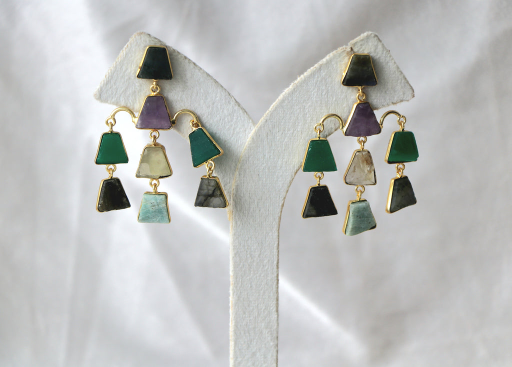Amethyst Emerald Geometric Cascade Earrings