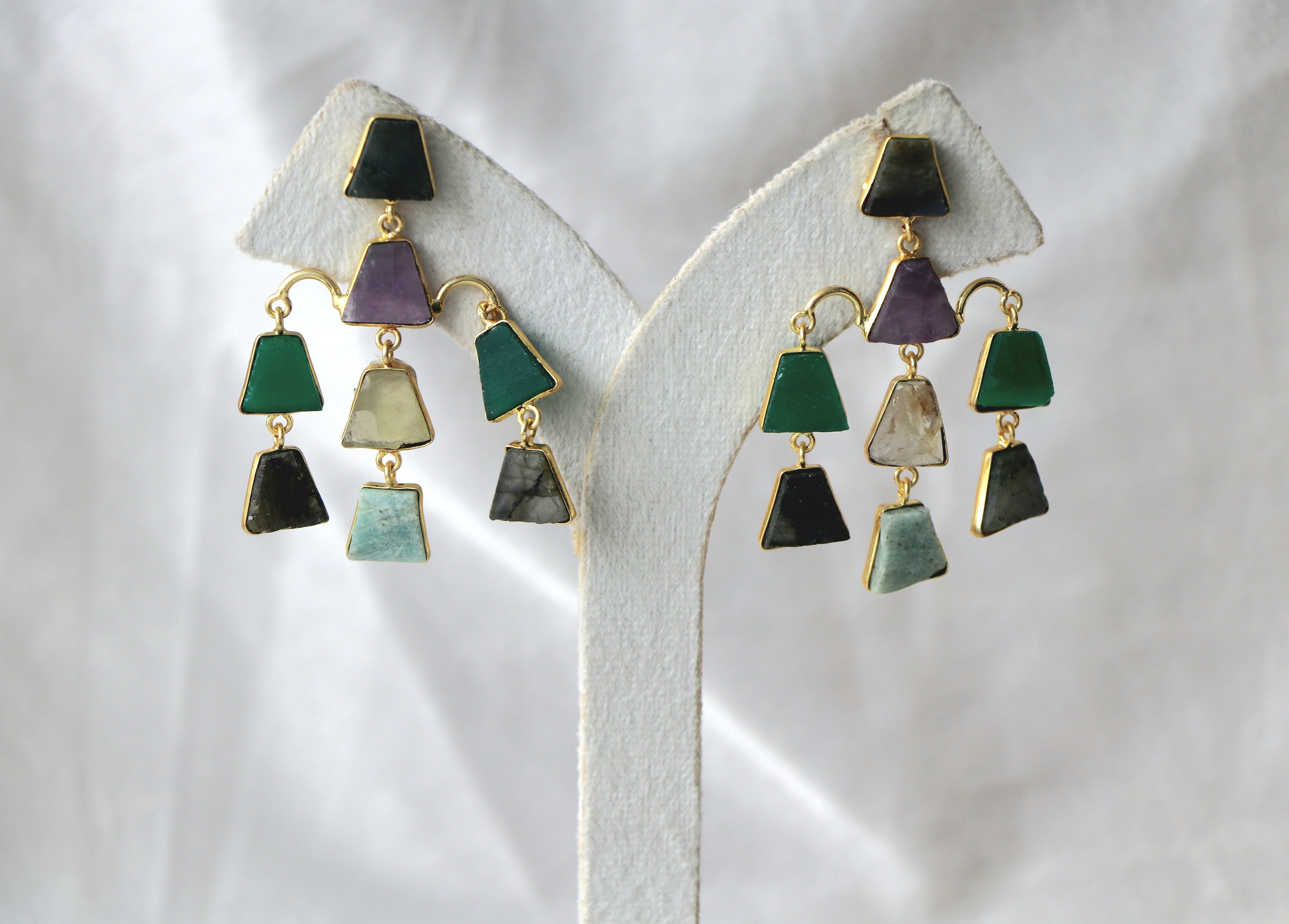 Amethyst Emerald Geometric Cascade Earrings