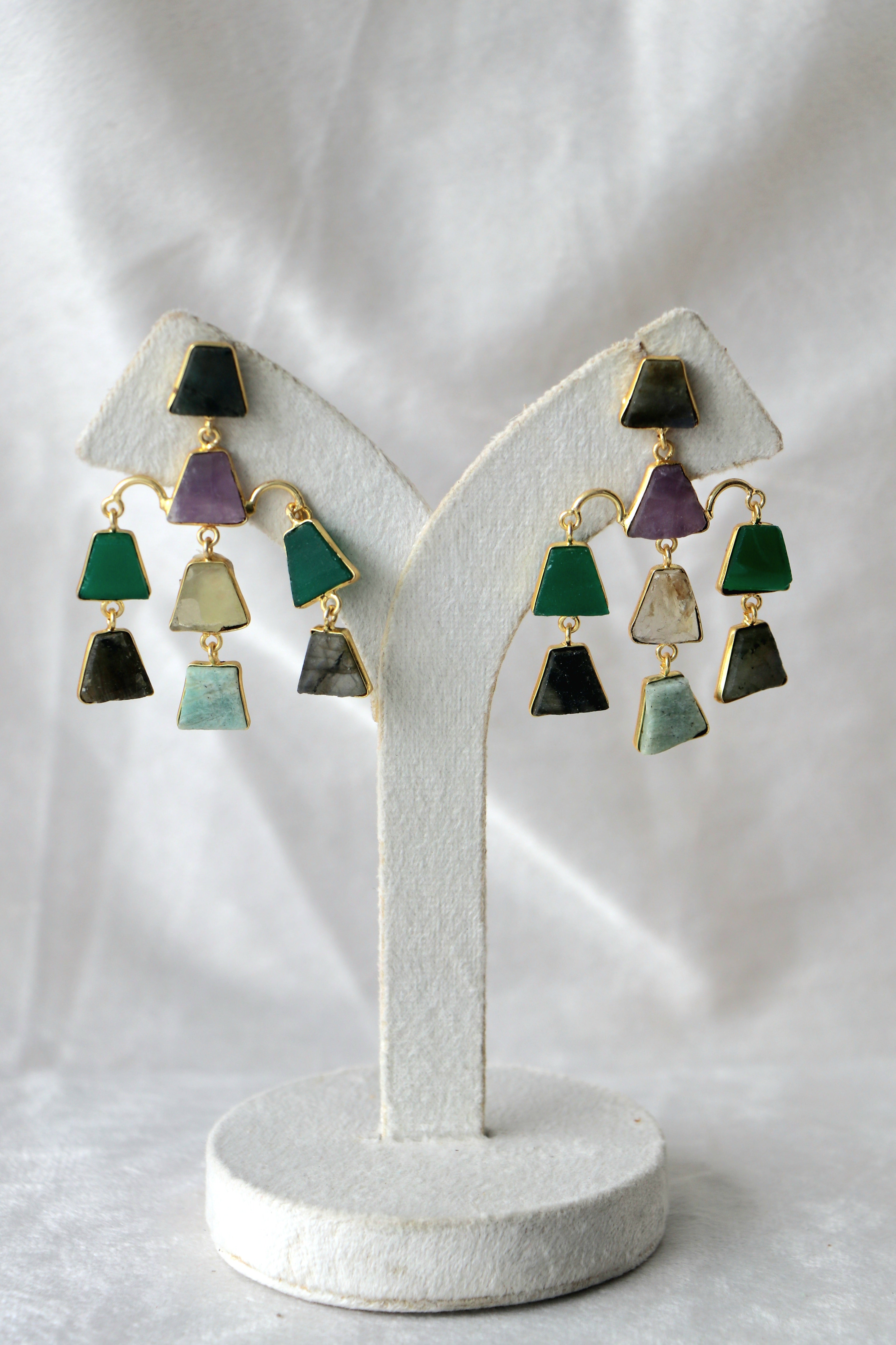 Amethyst Emerald Geometric Cascade Earrings