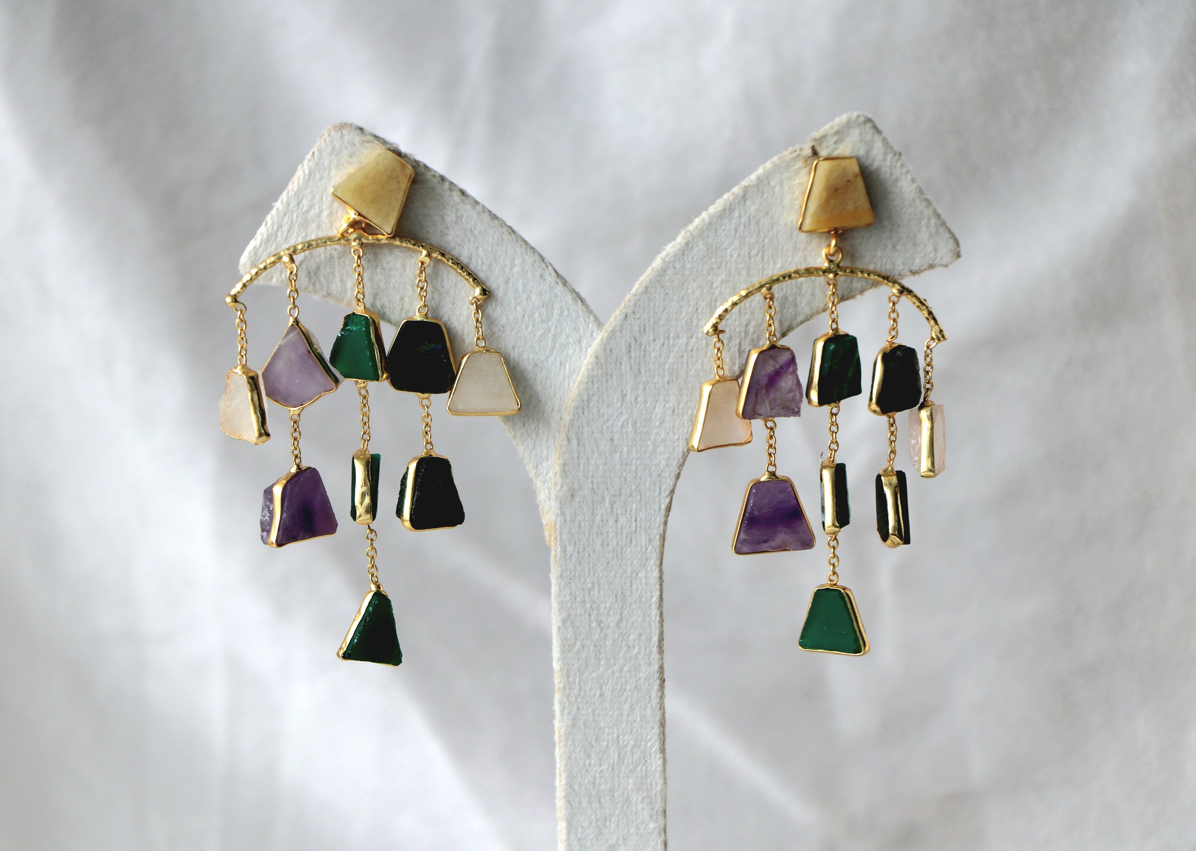 Amethyst  Emerald Geometric Earrings