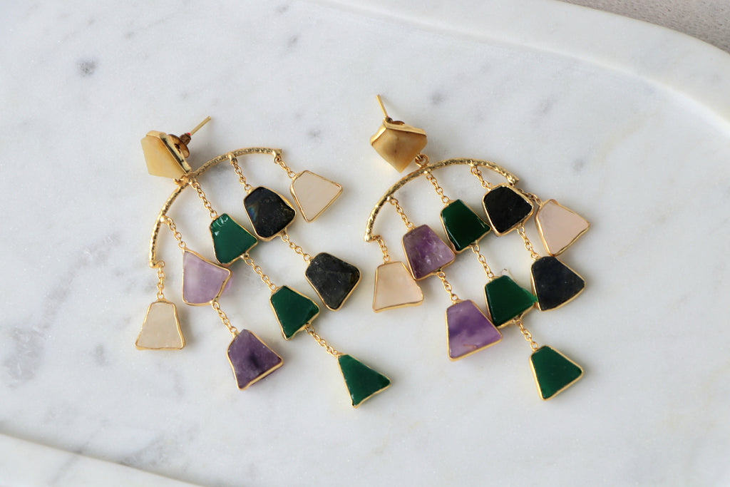 Amethyst  Emerald Geometric Earrings