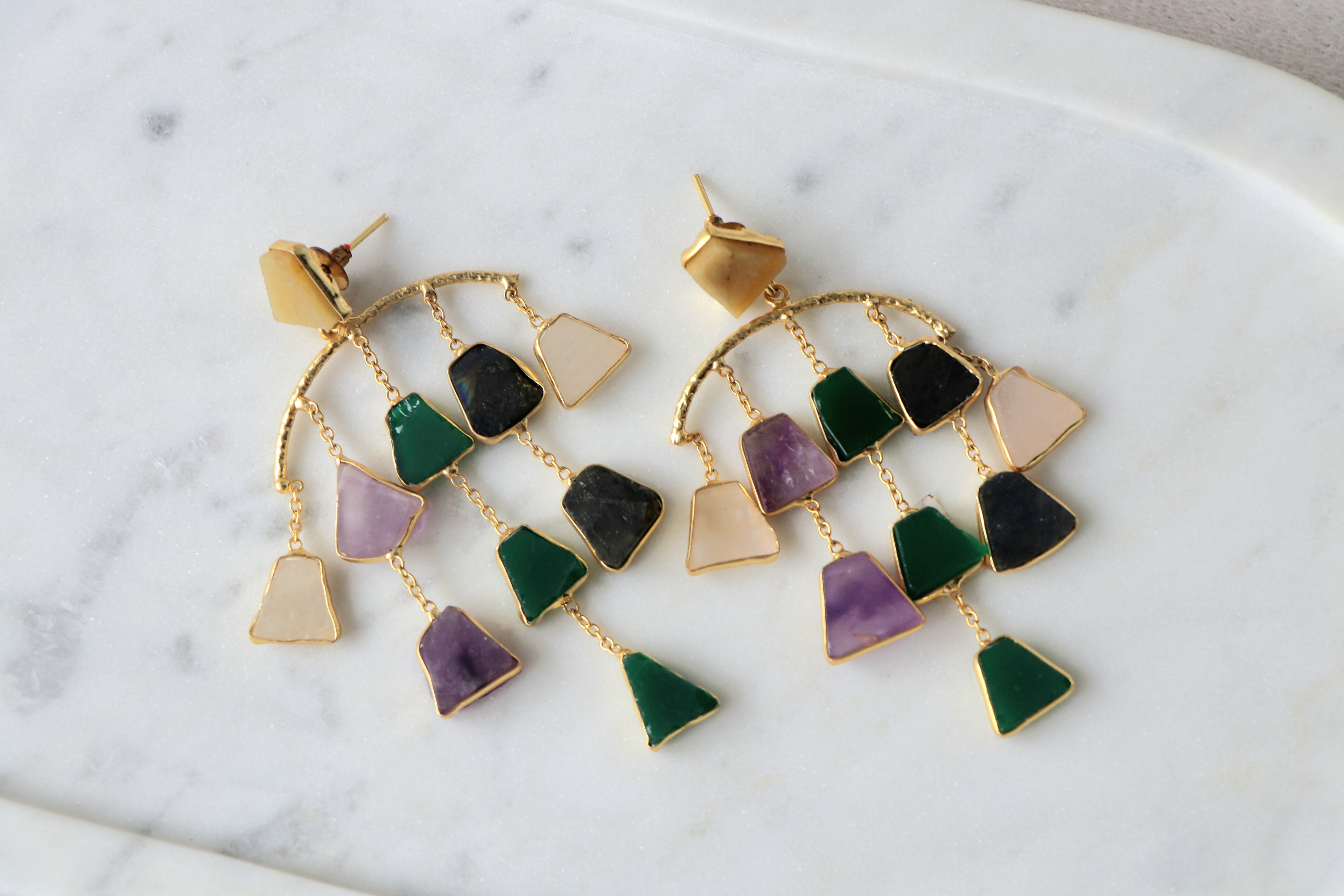 Amethyst  Emerald Geometric Earrings