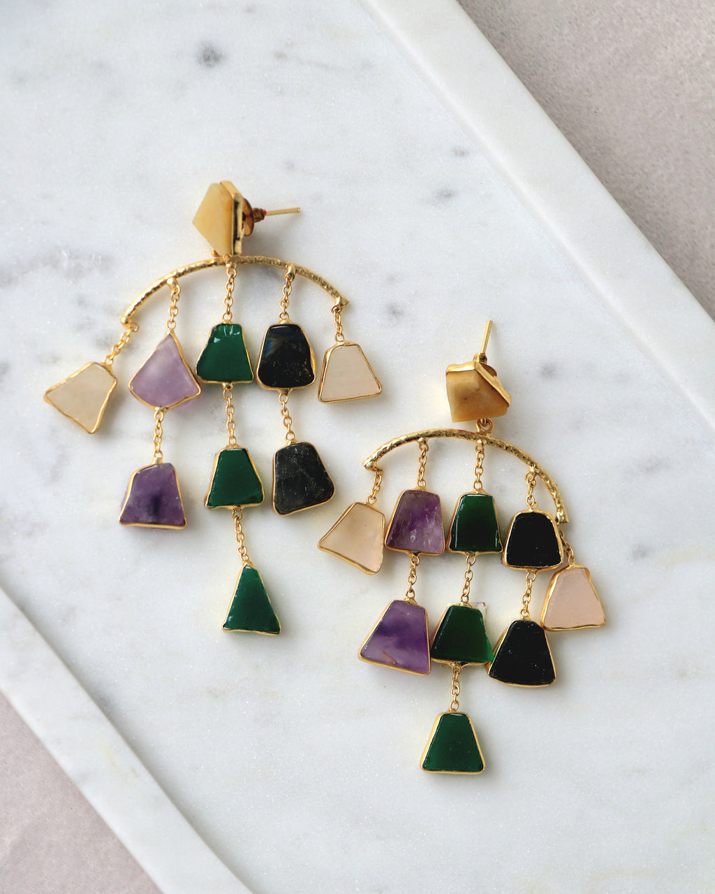 Amethyst  Emerald Geometric Earrings
