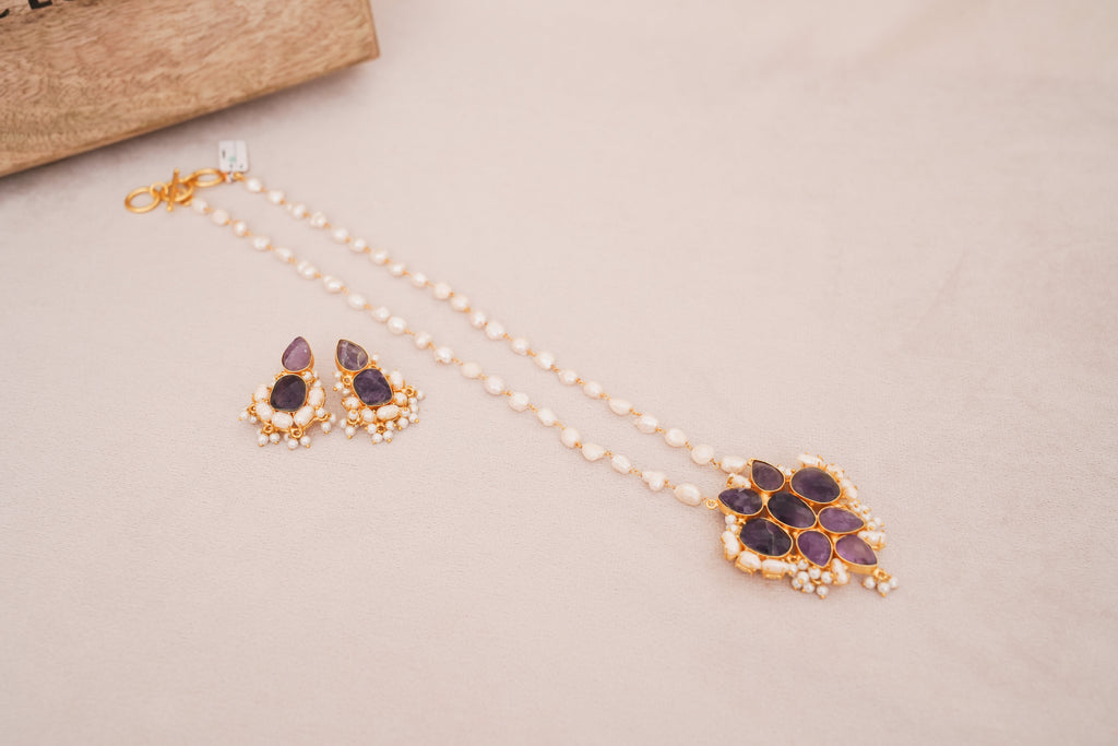Handcrafted Amethyst Lotus Cluster Statement Necklace Set