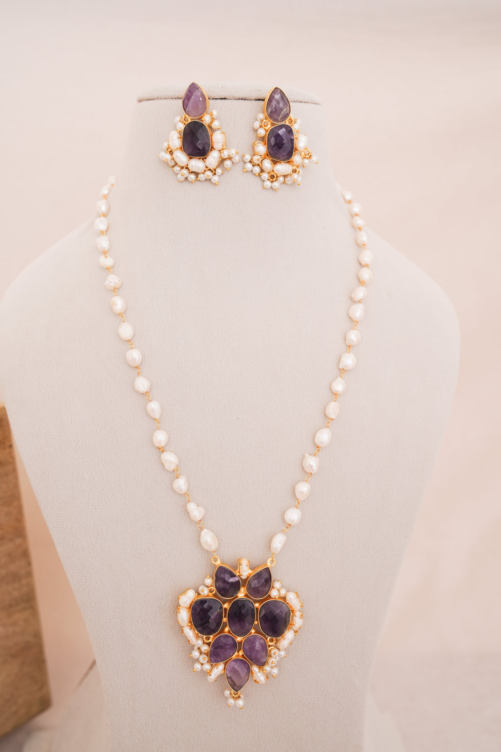 Handcrafted Amethyst Lotus Cluster Statement Necklace Set