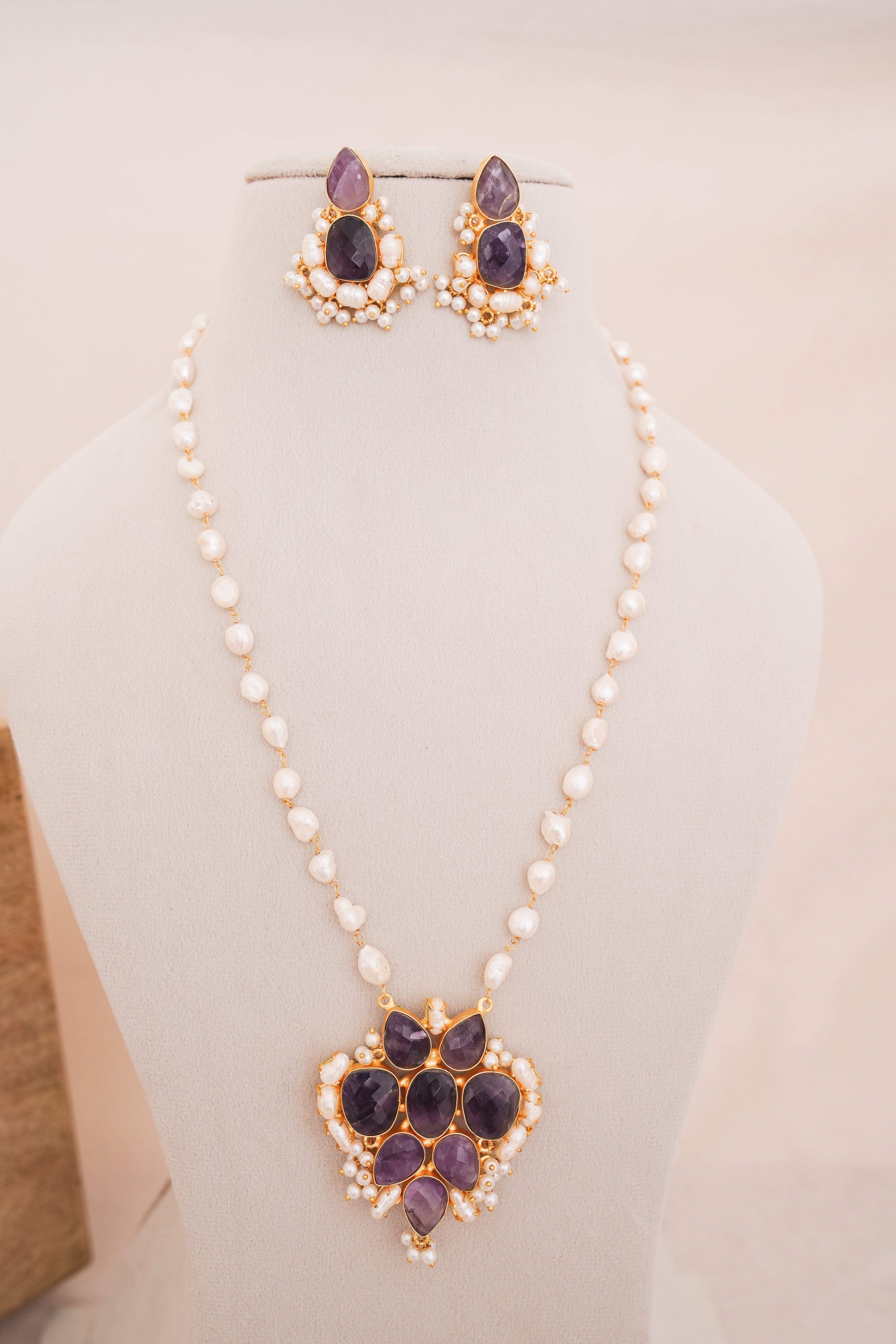 Handcrafted Amethyst Lotus Cluster Statement Necklace Set