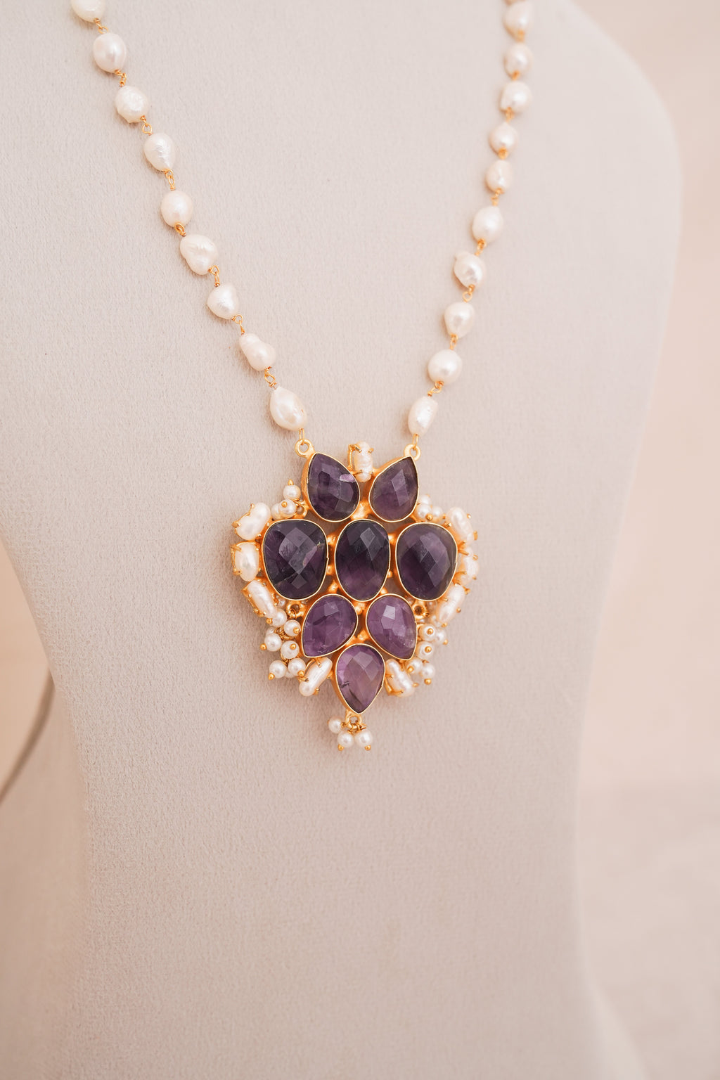 Handcrafted Amethyst Lotus Cluster Statement Necklace Set