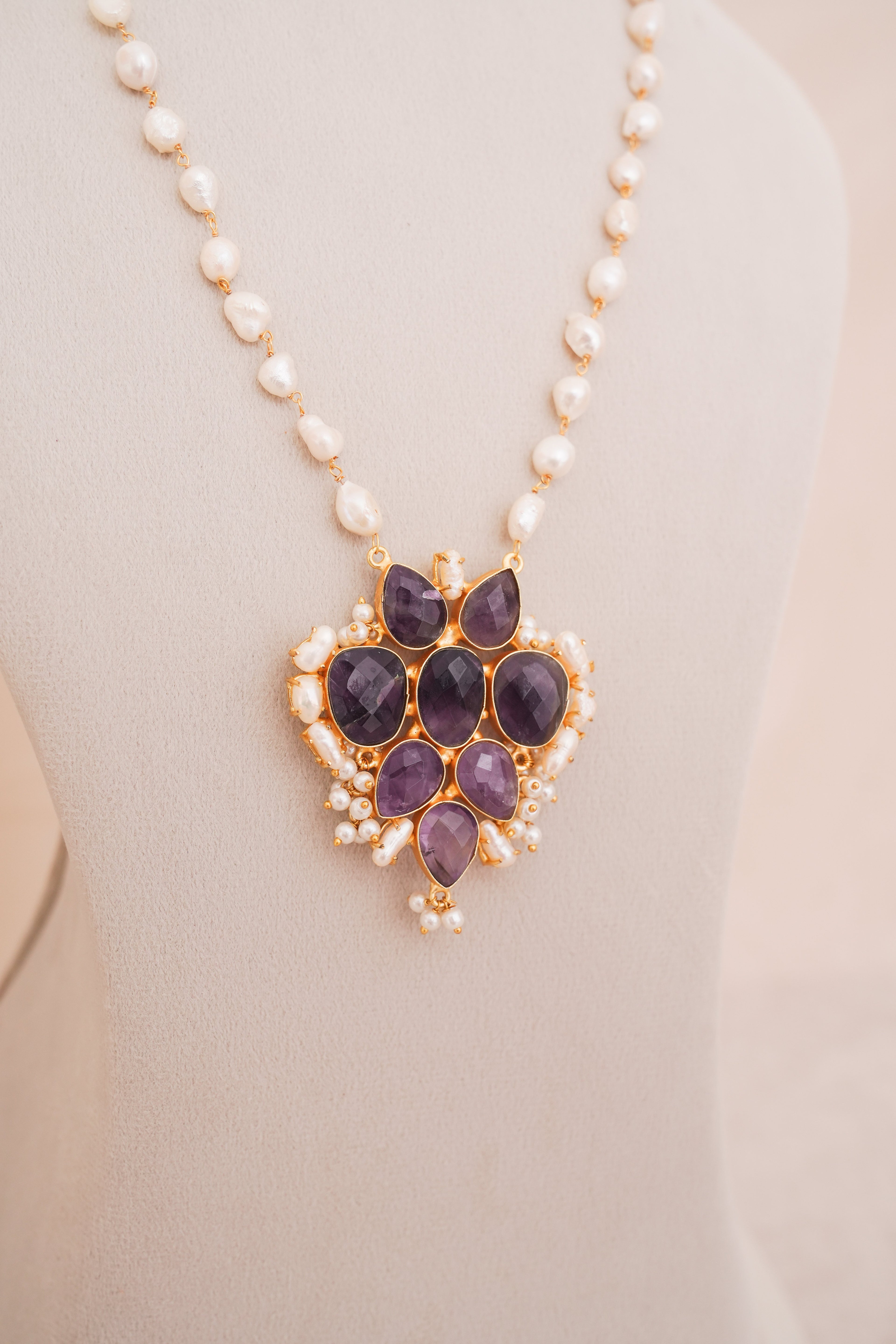 Handcrafted Amethyst Lotus Cluster Statement Necklace Set