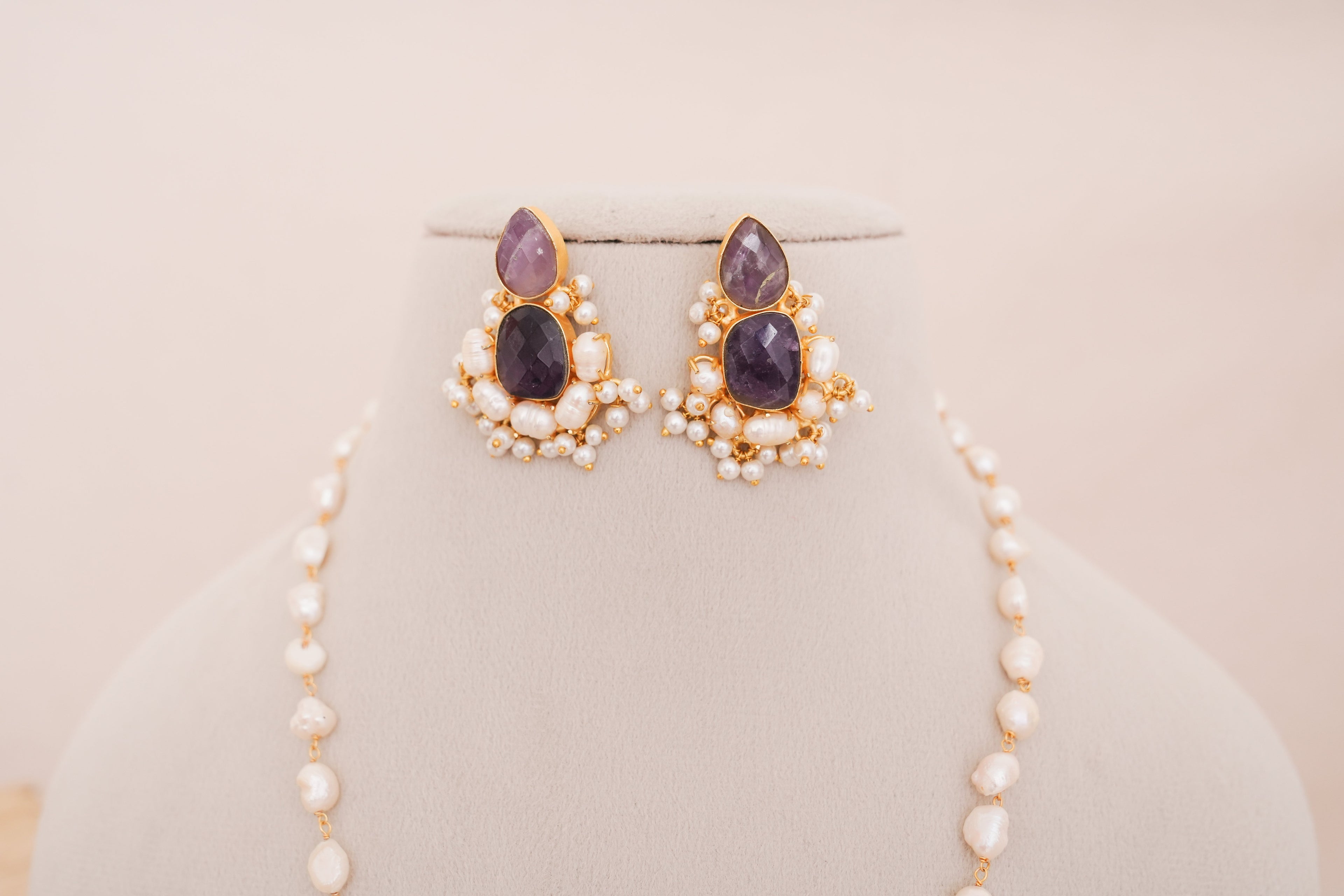 Handcrafted Amethyst Lotus Cluster Statement Necklace Set