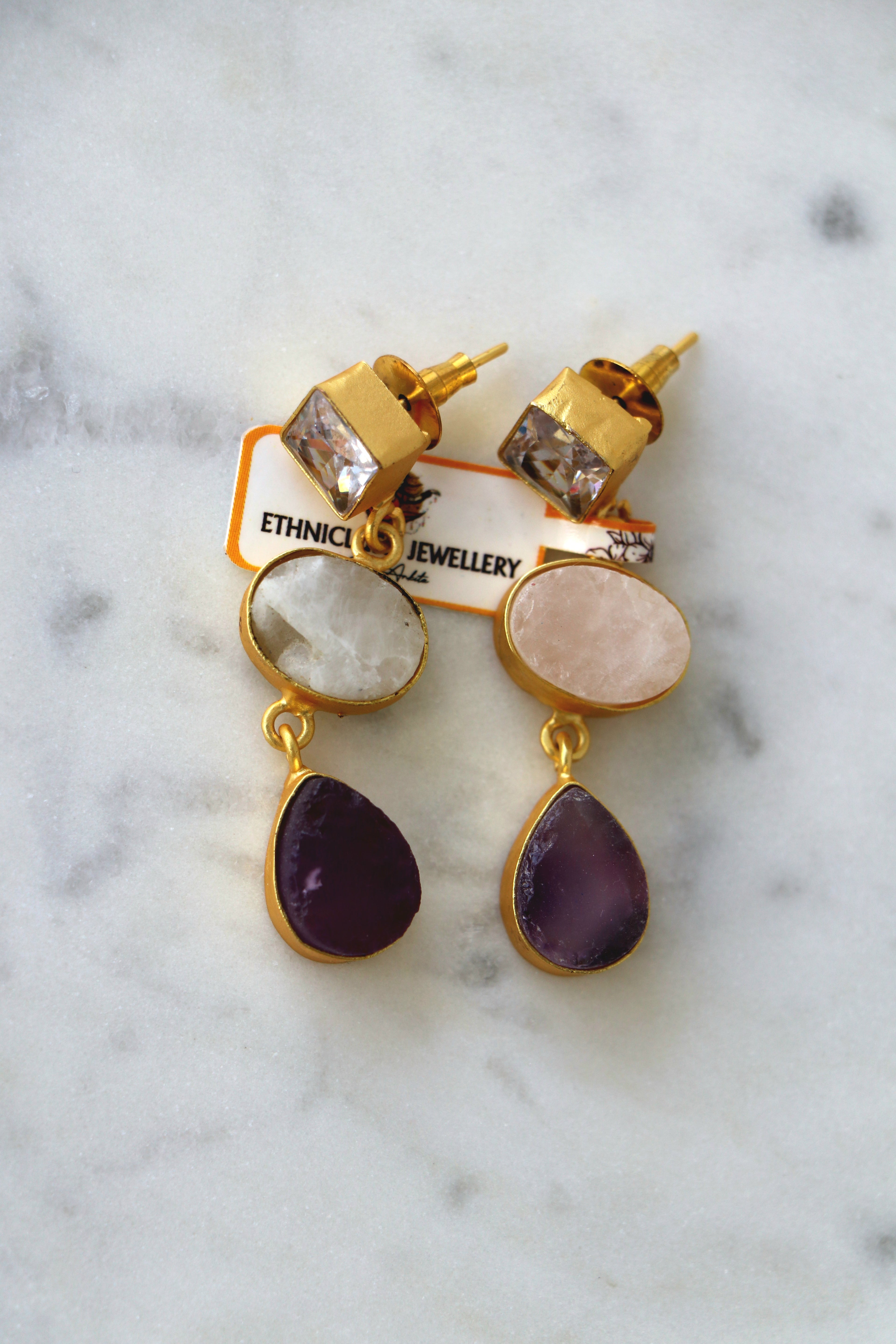 Amethyst Moonstone Crystal Cascade Earrings