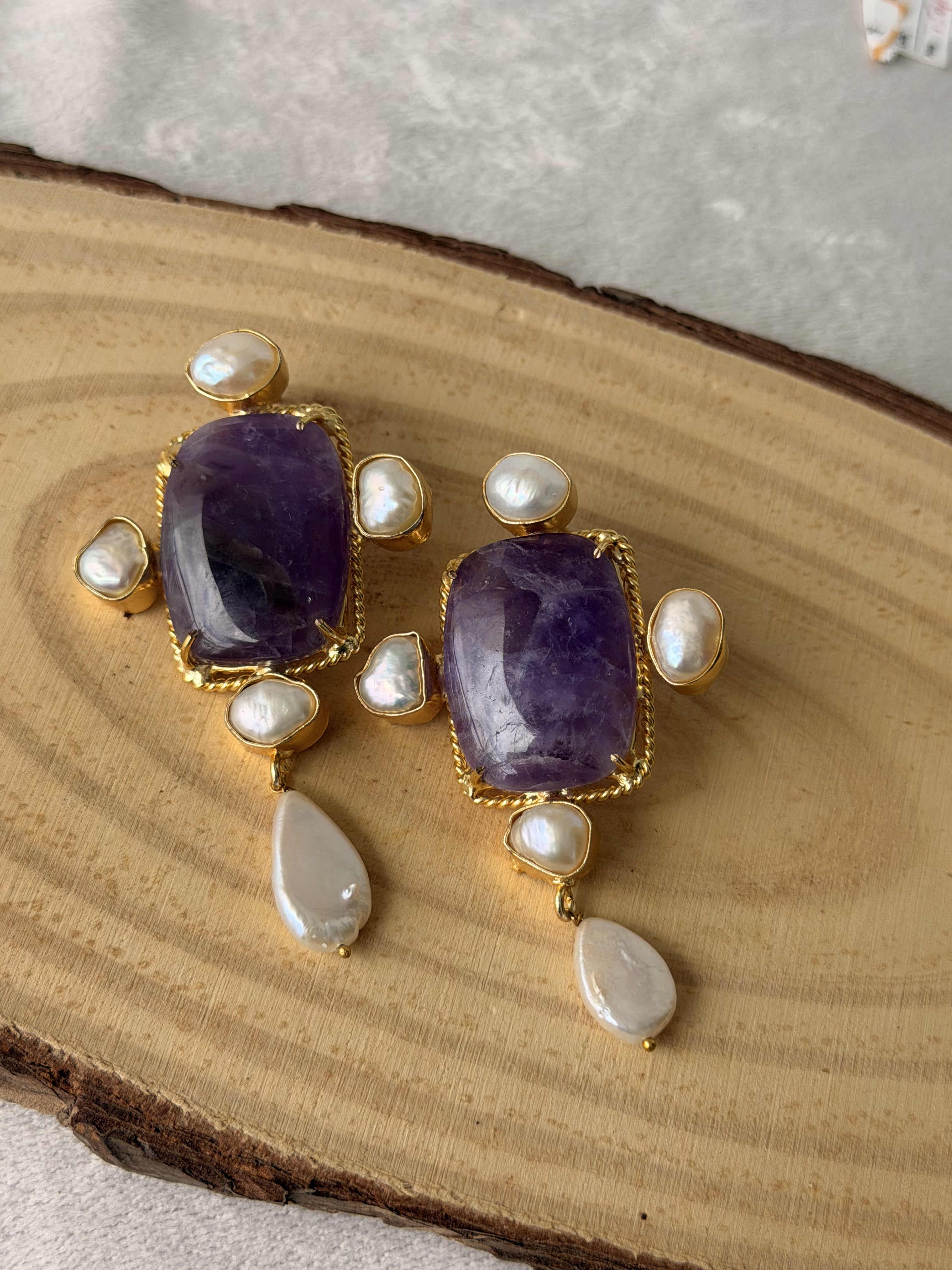 Amethyst Pearl Gold Vintage Drop Earrings