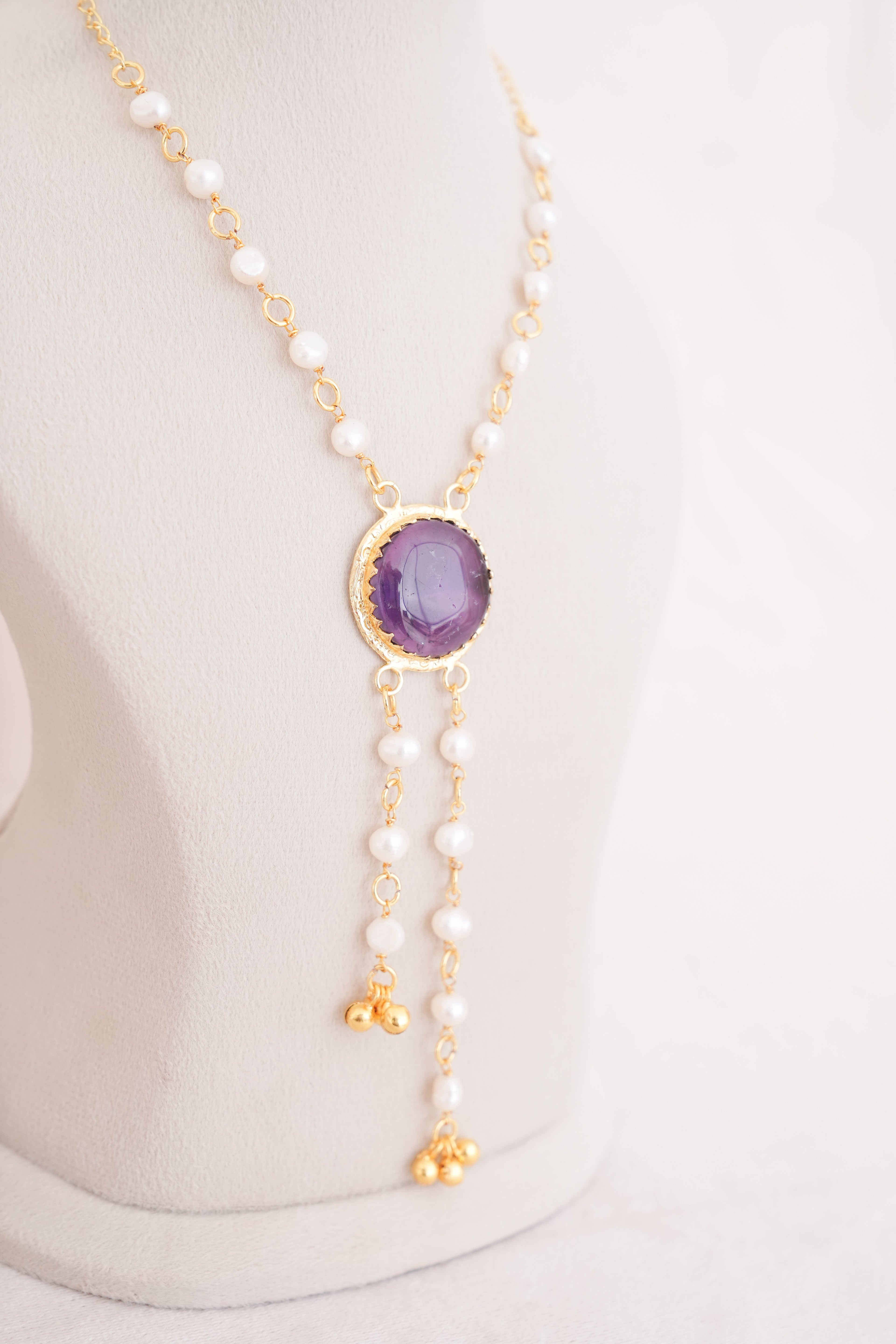 Amethyst Pearl Lariat Necklace
