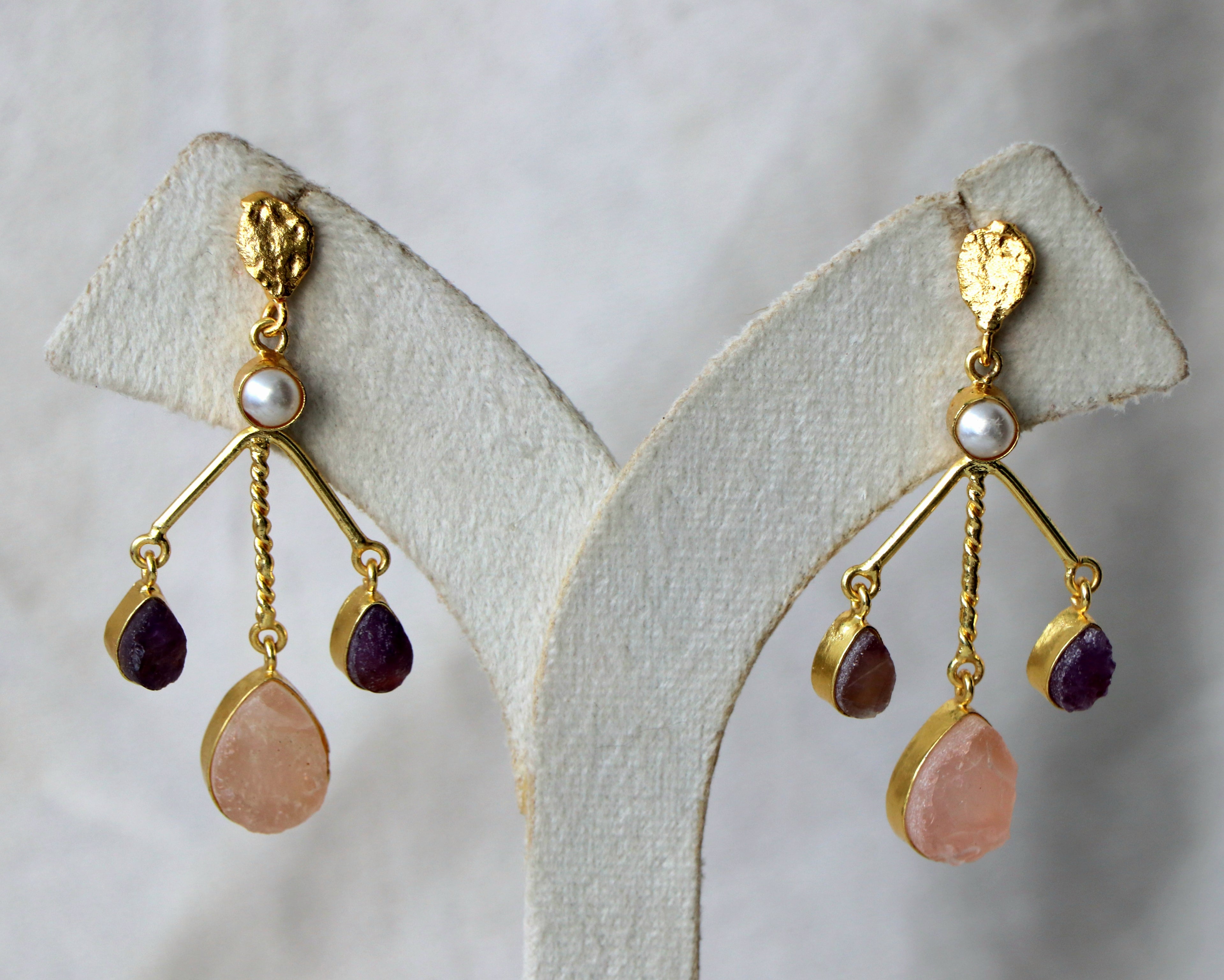 Amethyst  Rose Quartz Branch Earrings