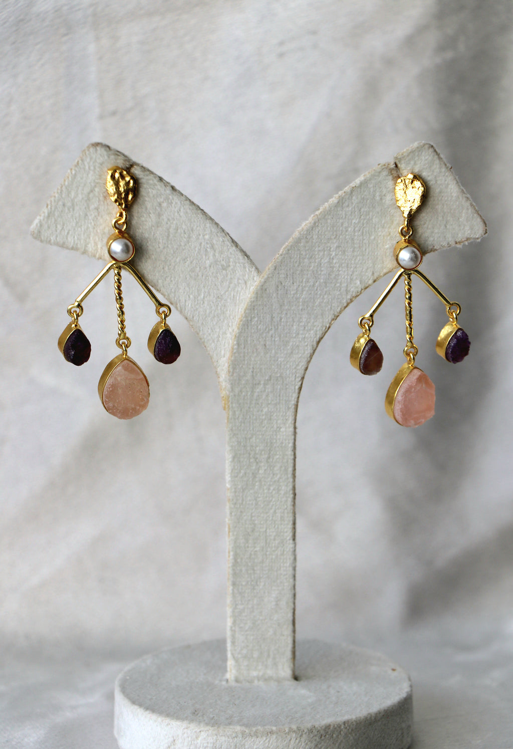 Amethyst  Rose Quartz Branch Earrings