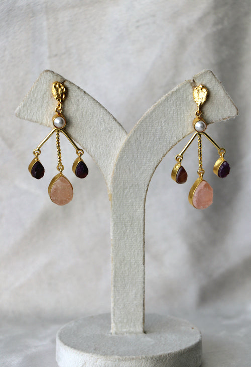 Amethyst  Rose Quartz Branch Earrings