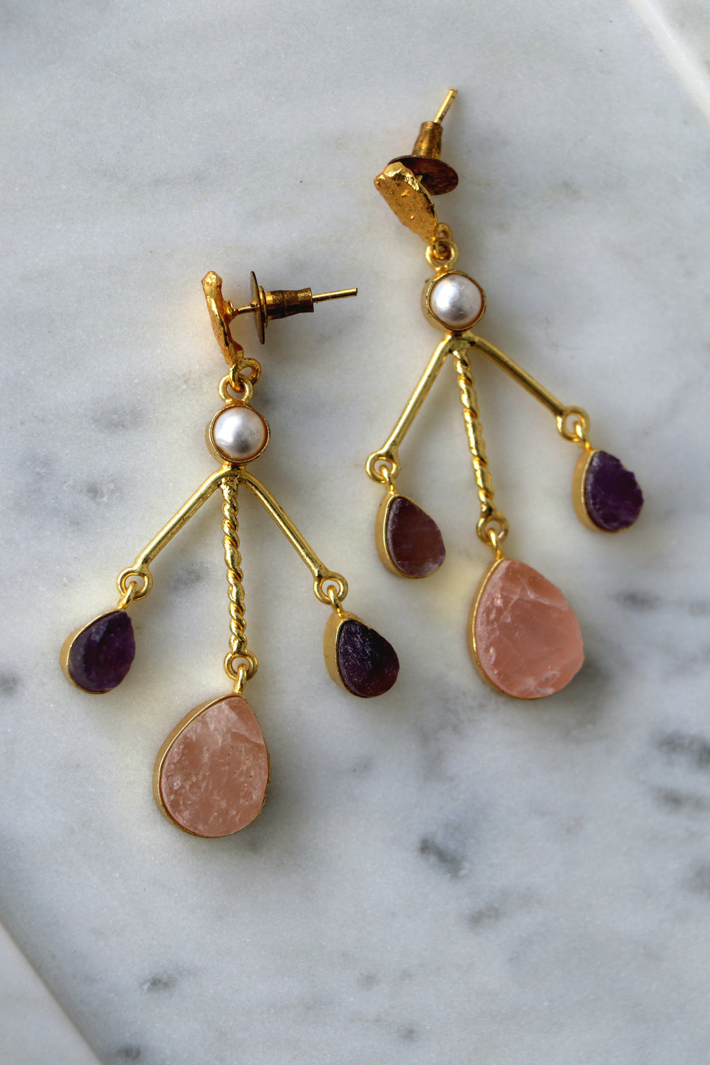 Amethyst  Rose Quartz Branch Earrings