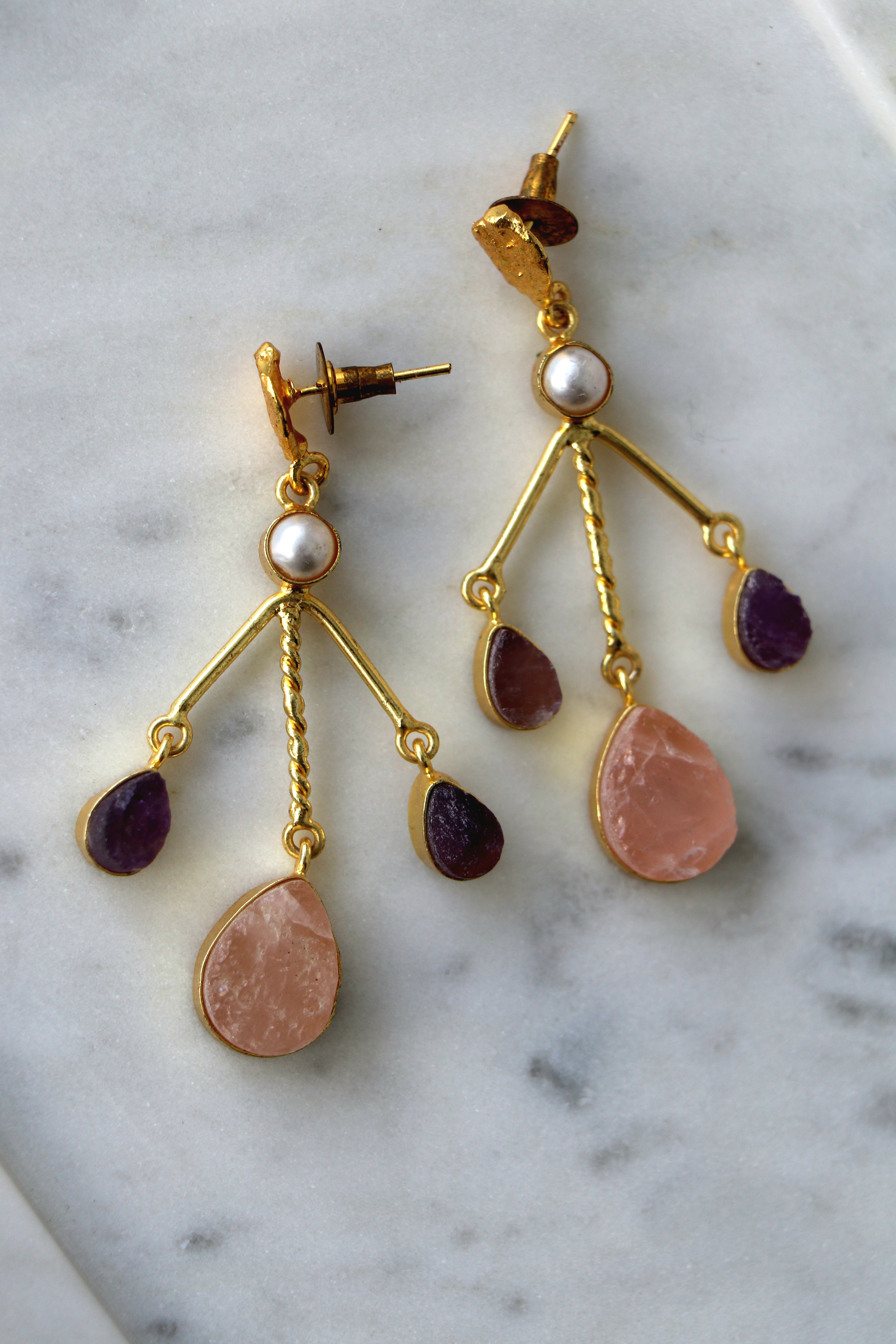 Amethyst  Rose Quartz Branch Earrings