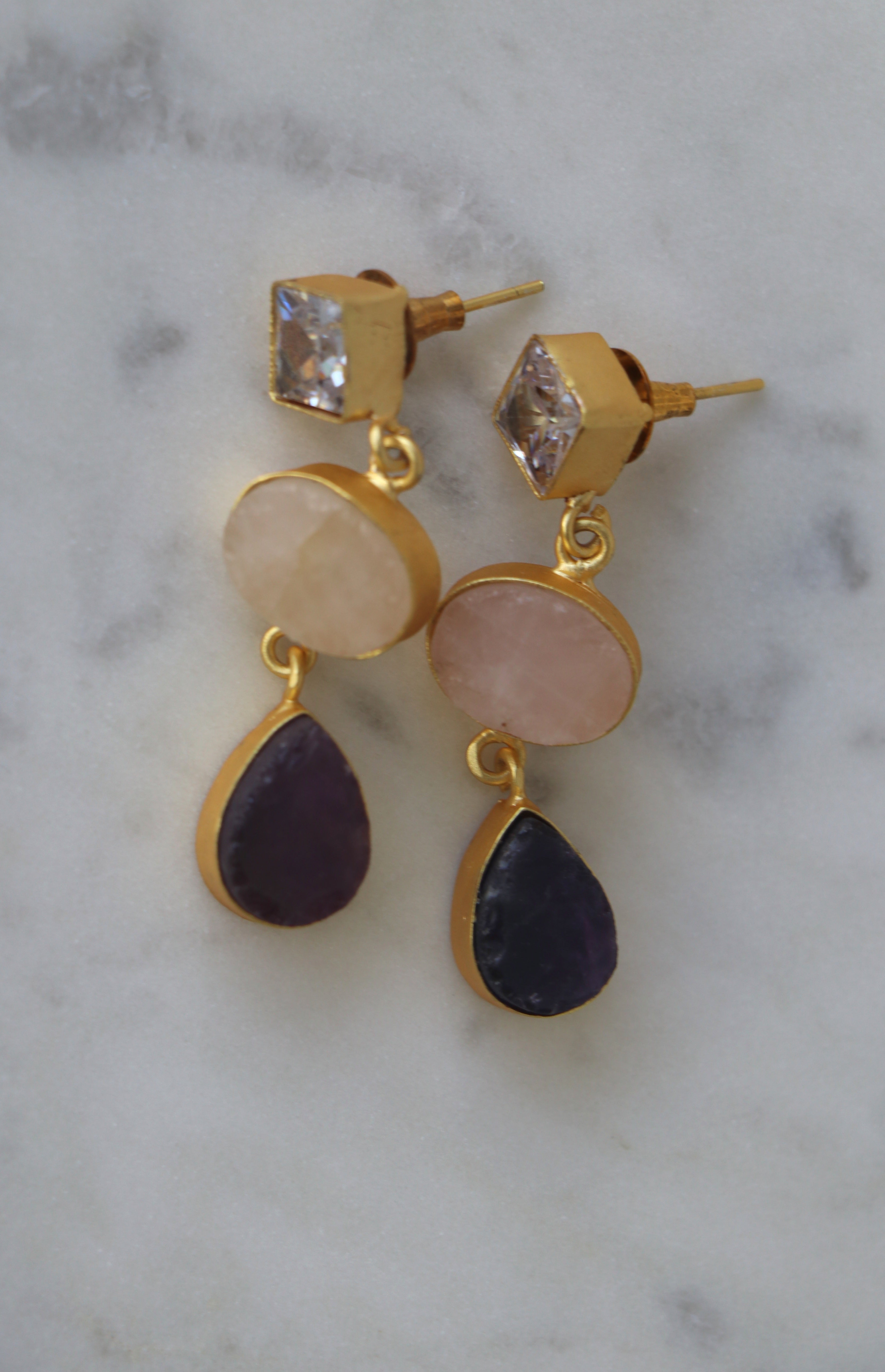 Amethyst Rose Quartz Cascade Earrings
