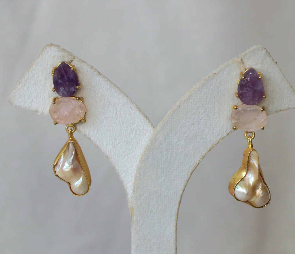 Amethyst  Rose Quartz Pearl Earrings