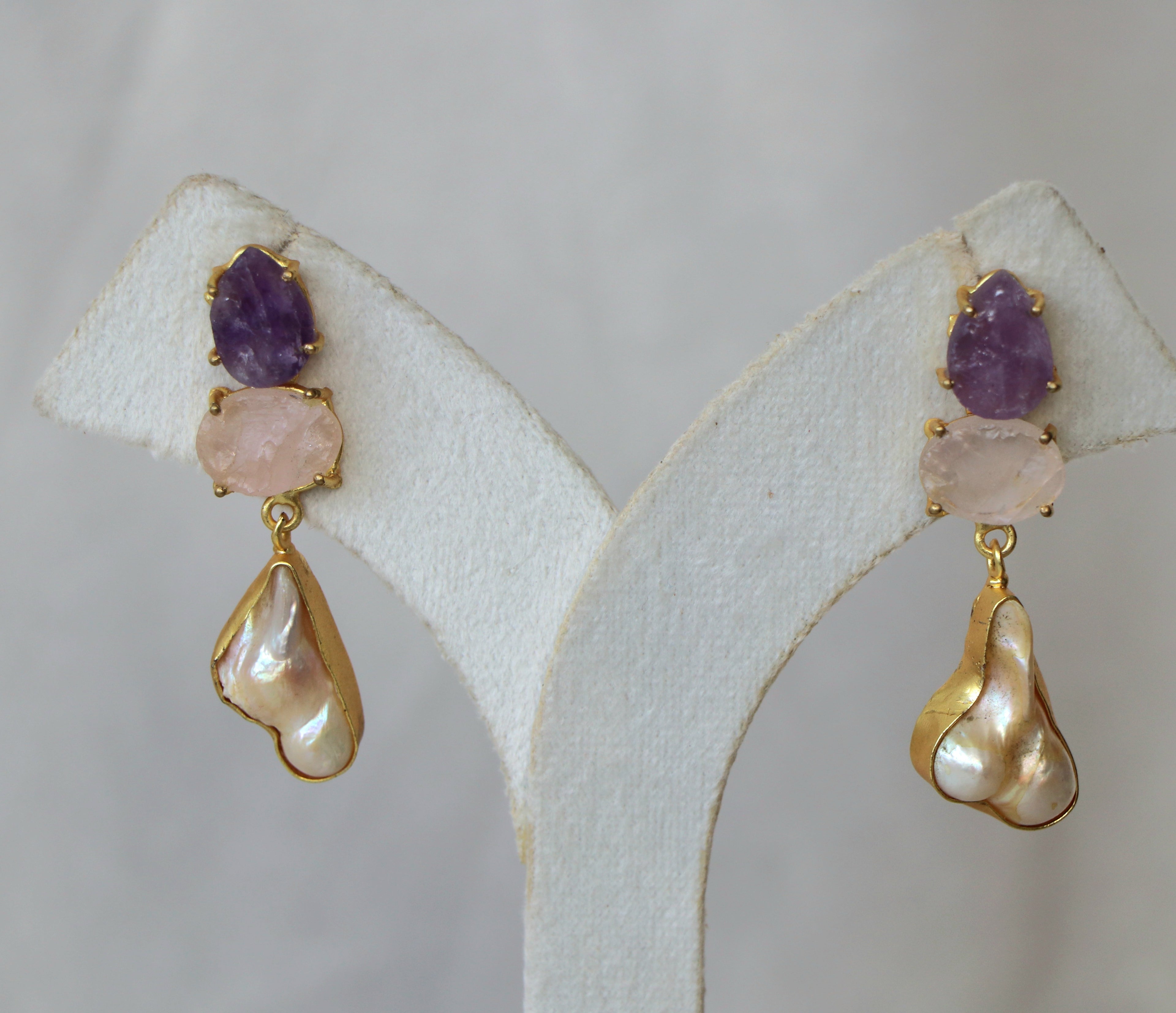 Amethyst  Rose Quartz Pearl Earrings