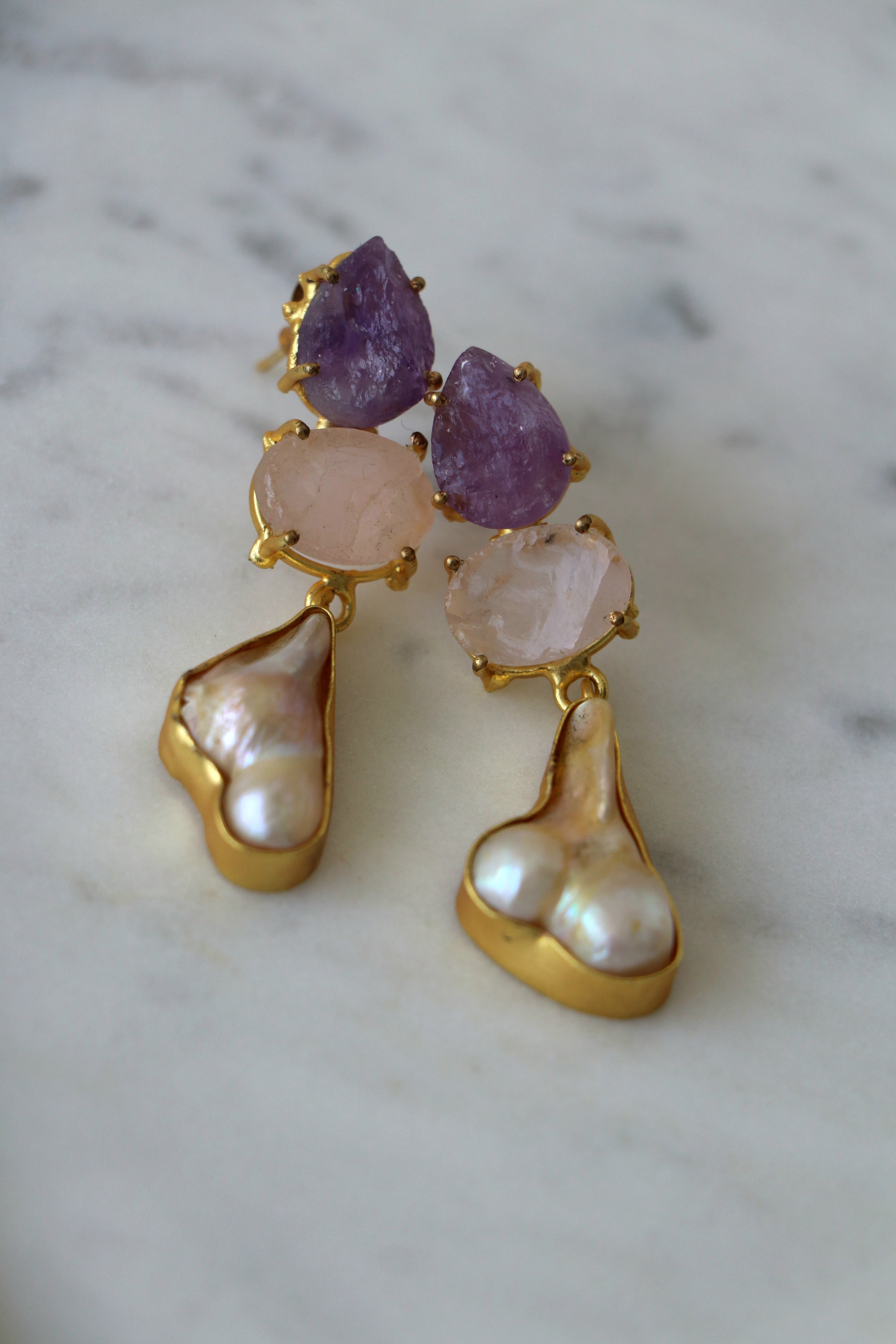 Amethyst  Rose Quartz Pearl Earrings