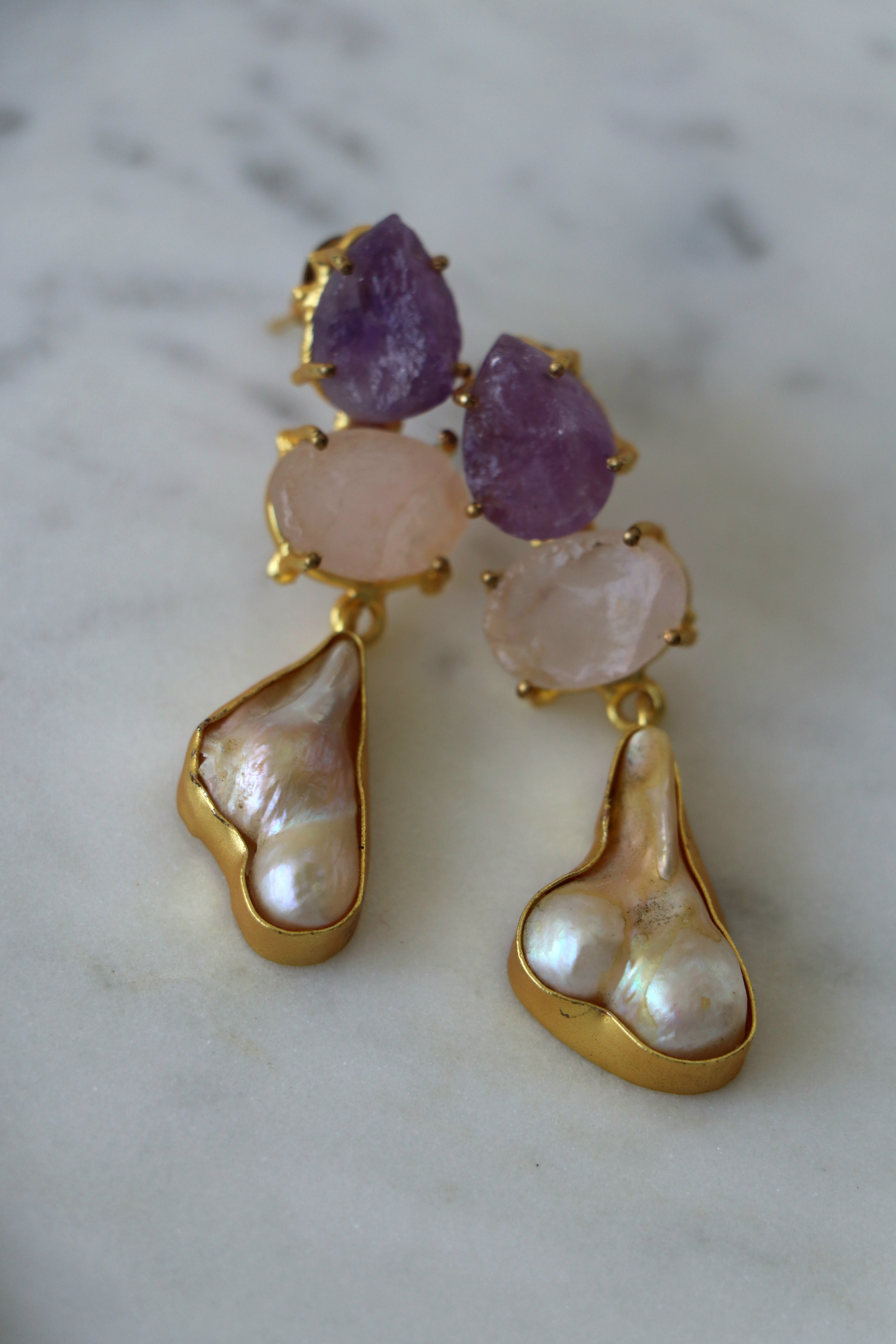 Amethyst  Rose Quartz Pearl Earrings