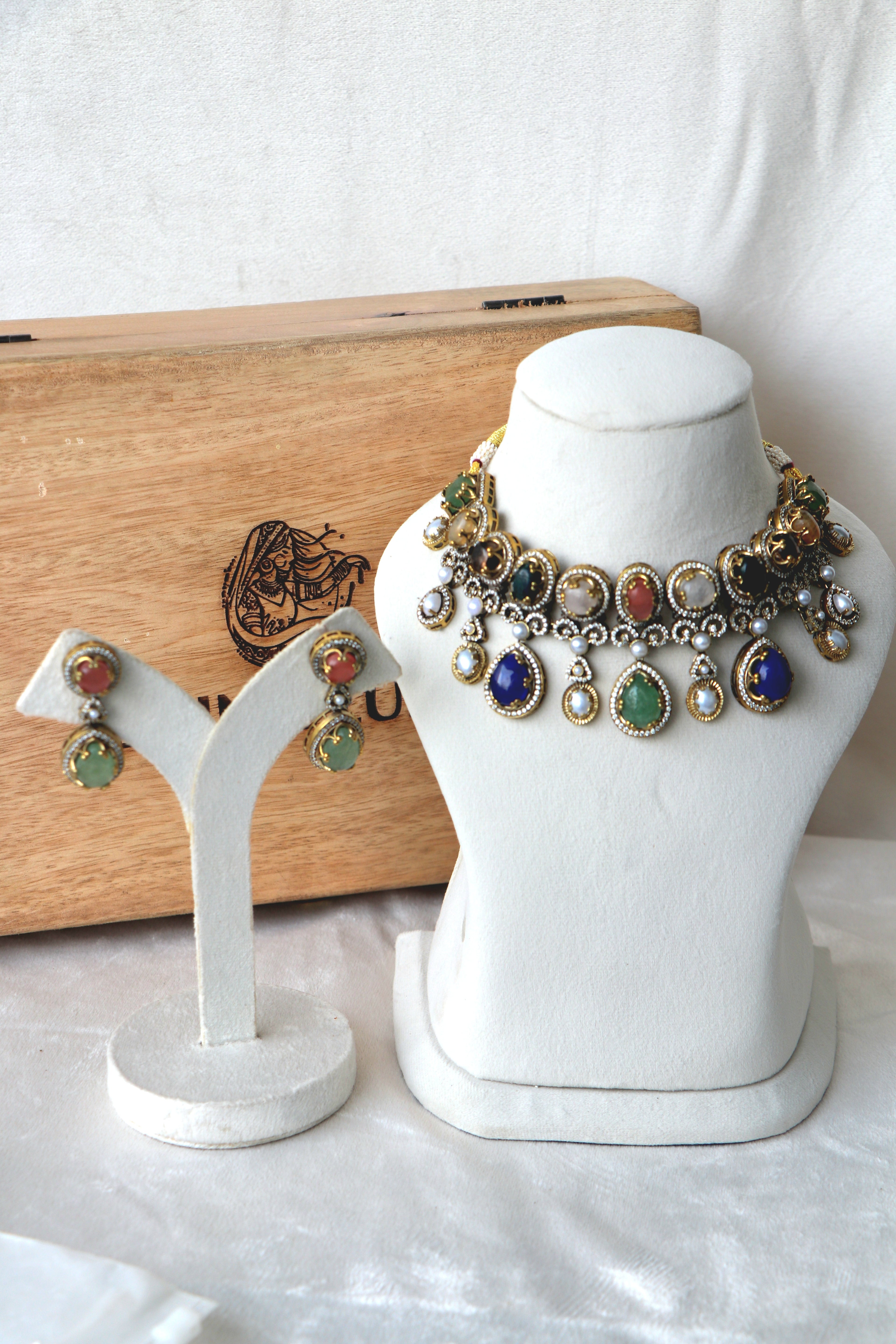 Artisanal Multi Gemstone Necklace  Earring Set