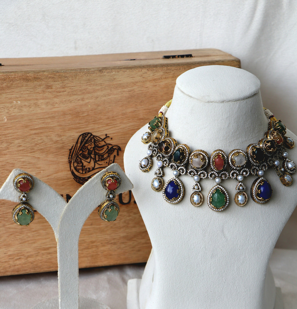 Artisanal Multi Gemstone Necklace  Earring Set