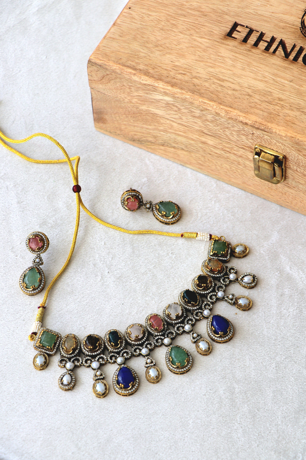 Artisanal Multi Gemstone Necklace  Earring Set