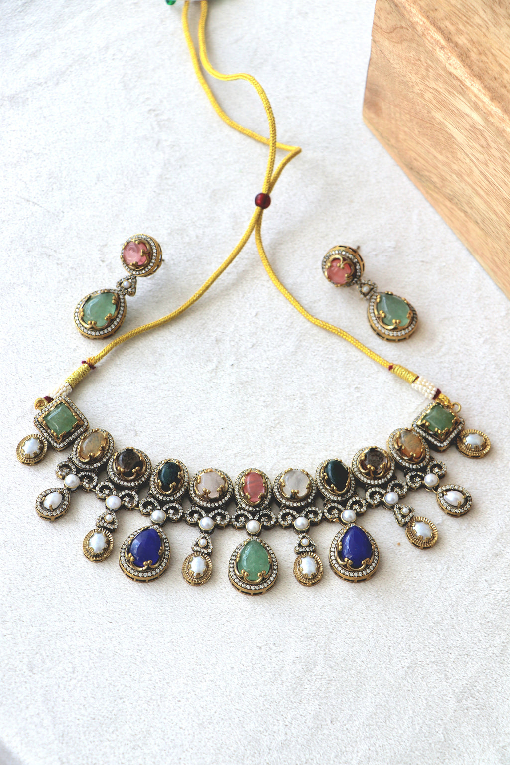 Artisanal Multi Gemstone Necklace  Earring Set