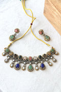 Artisanal Multi Gemstone Necklace  Earring Set