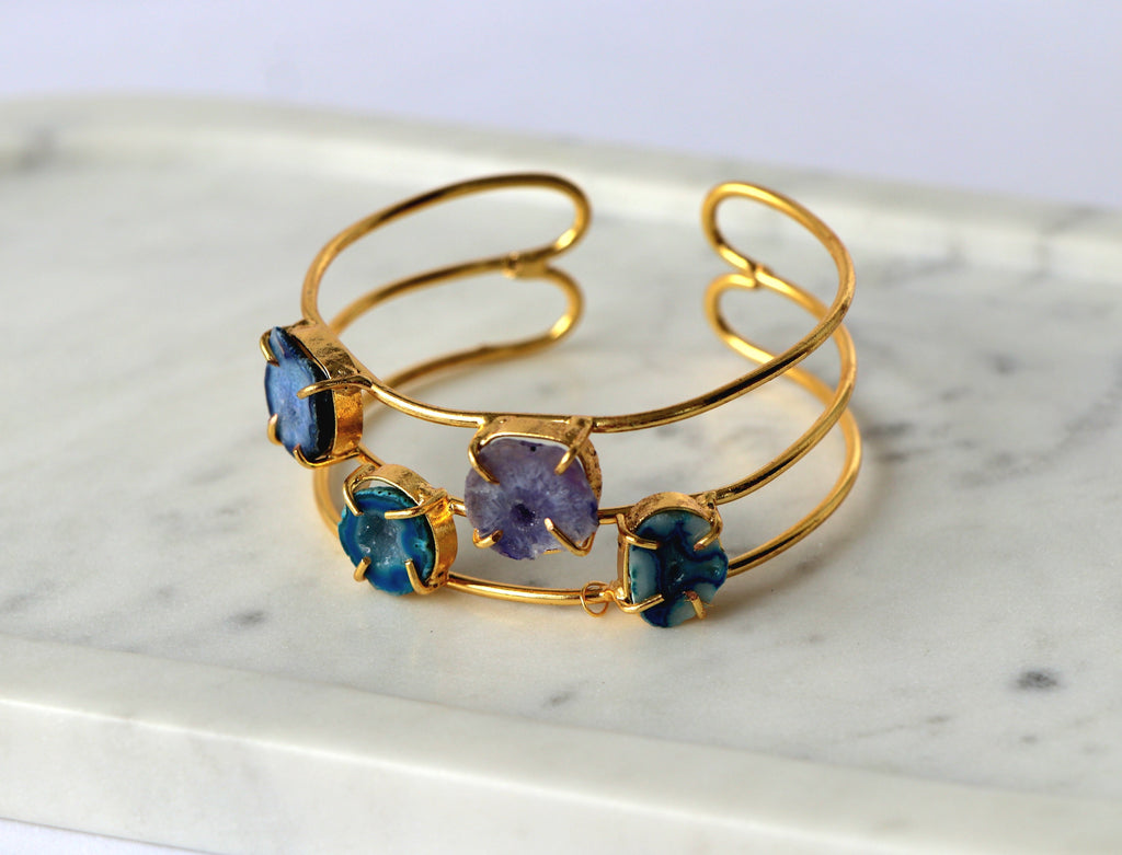 Azure Bloom Handcrafted Multi-Stone Agate Cuff Bracelet