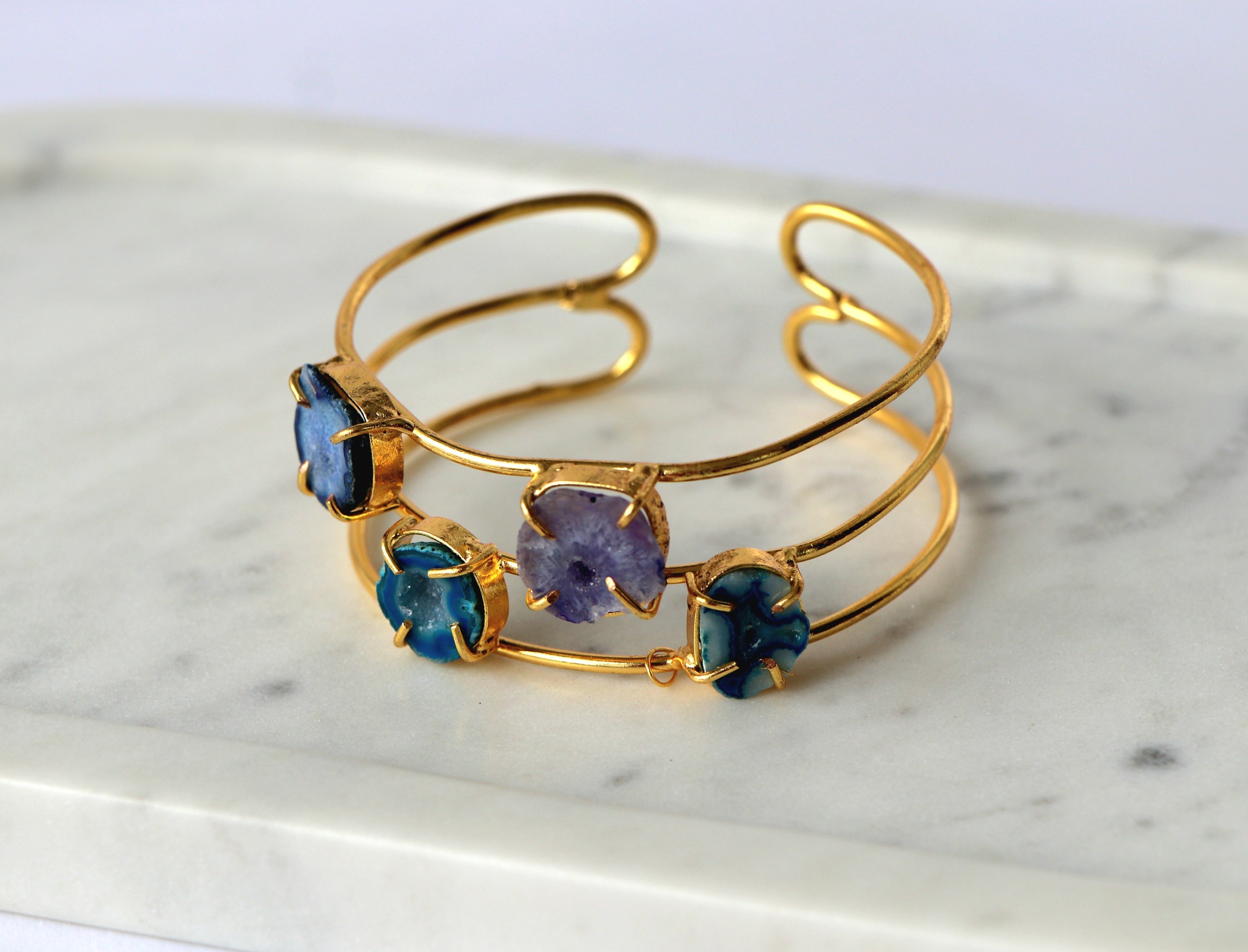 Azure Bloom Handcrafted Multi-Stone Agate Cuff Bracelet