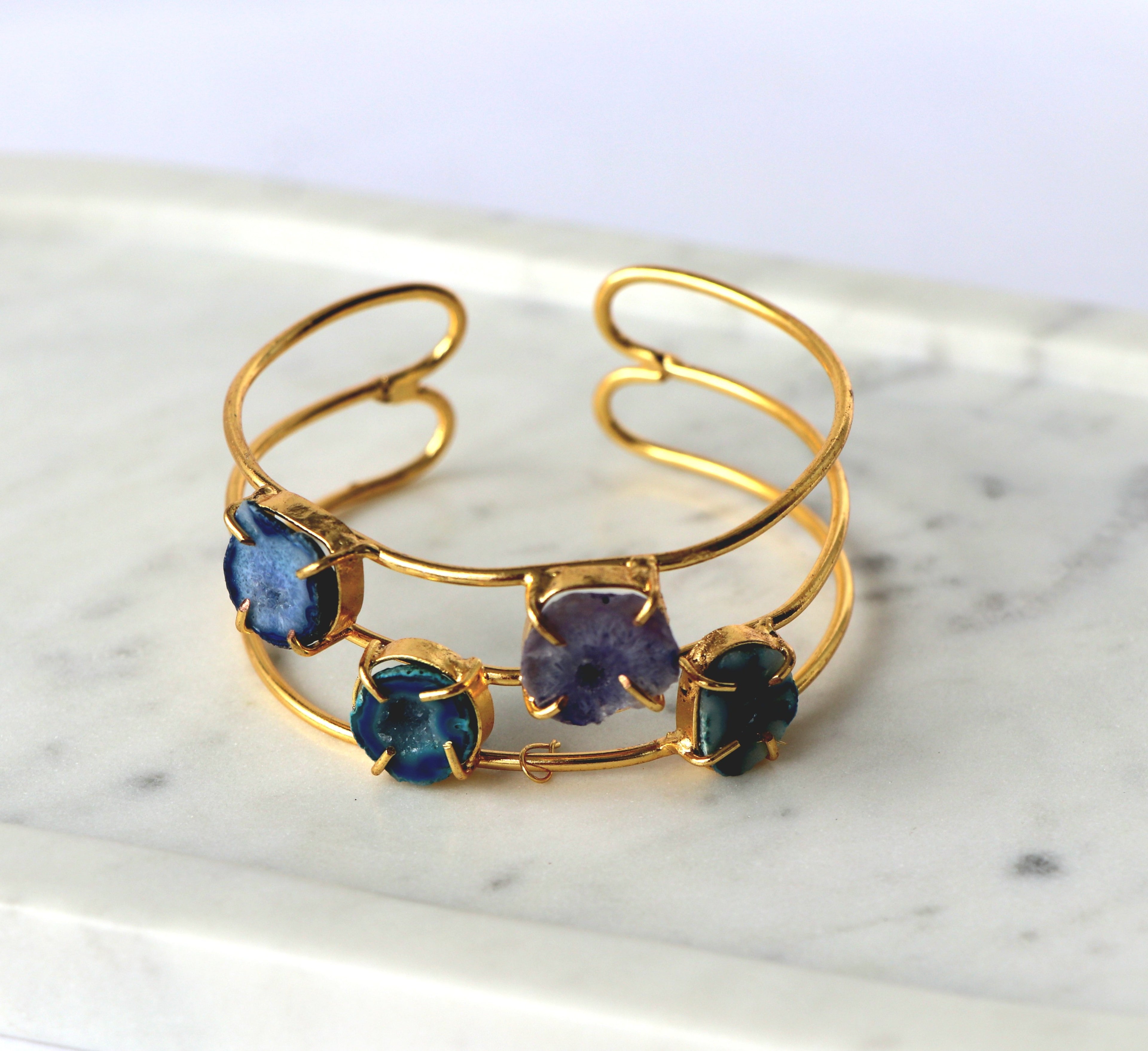Azure Bloom Handcrafted Multi-Stone Agate Cuff Bracelet