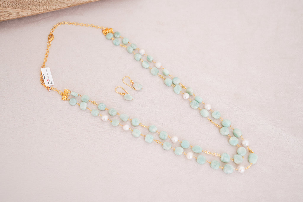 Natural Amazonite & Freshwater Pearl Double Strand Necklace Set
