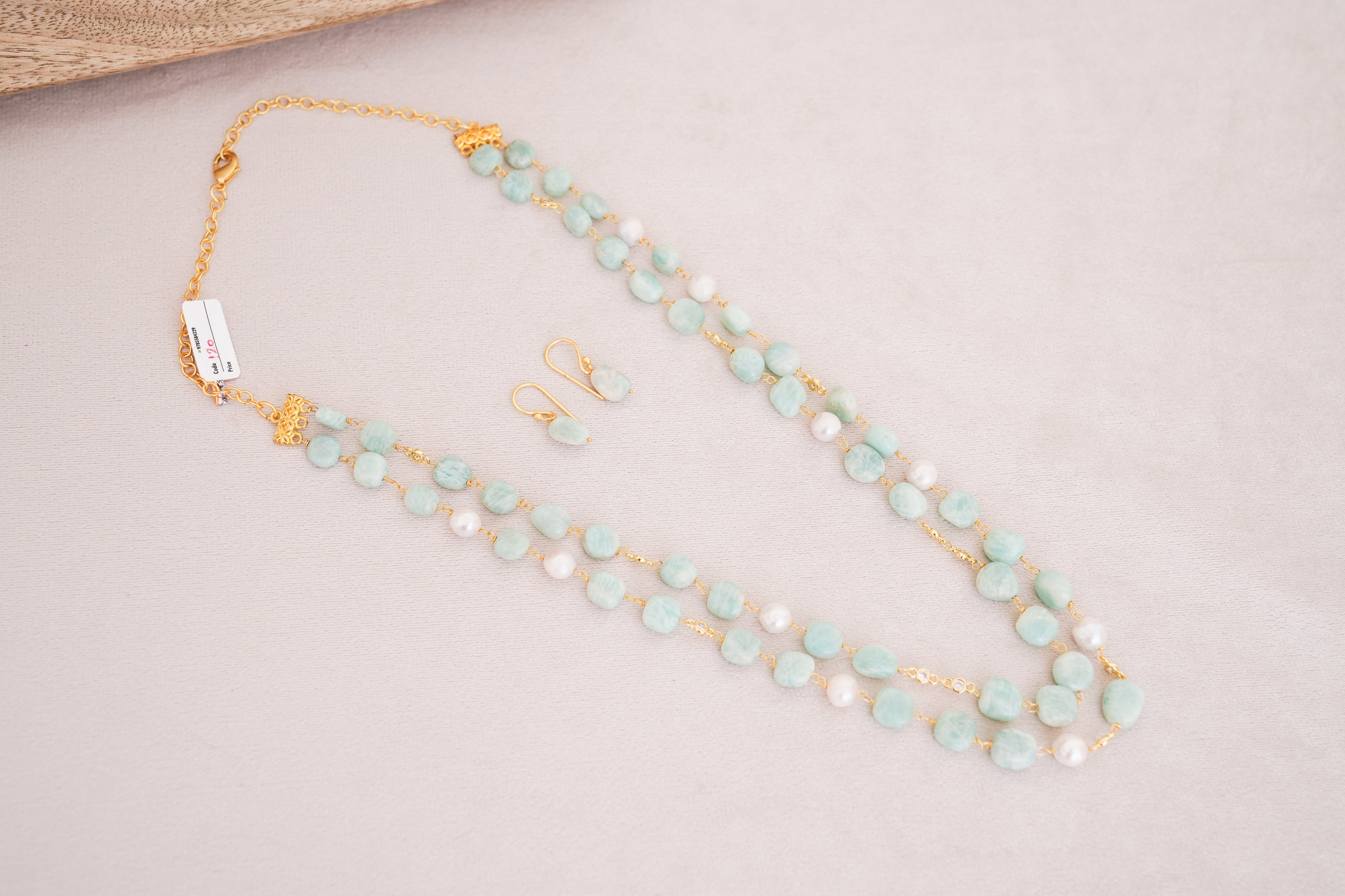 Natural Amazonite & Freshwater Pearl Double Strand Necklace Set