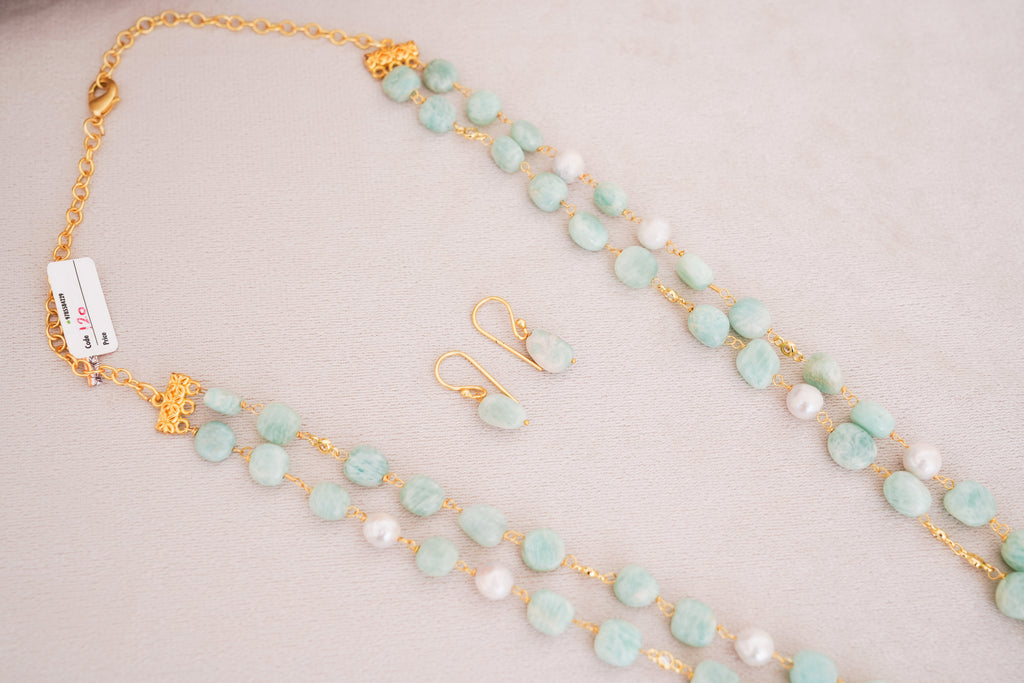 Natural Amazonite & Freshwater Pearl Double Strand Necklace Set