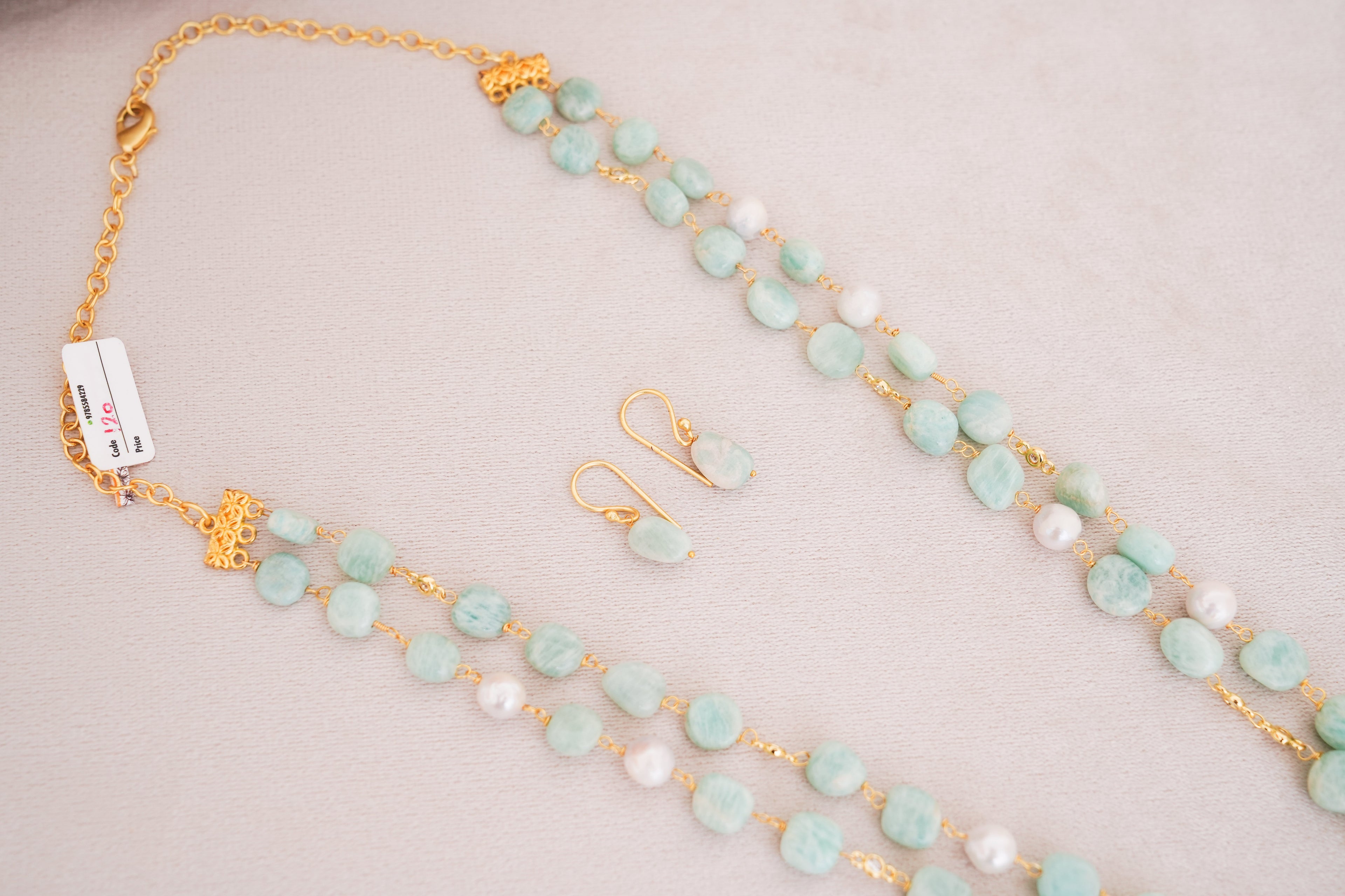 Natural Amazonite & Freshwater Pearl Double Strand Necklace Set