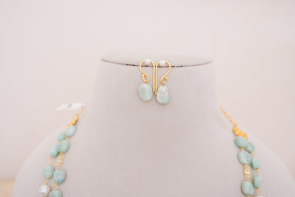 Natural Amazonite & Freshwater Pearl Double Strand Necklace Set