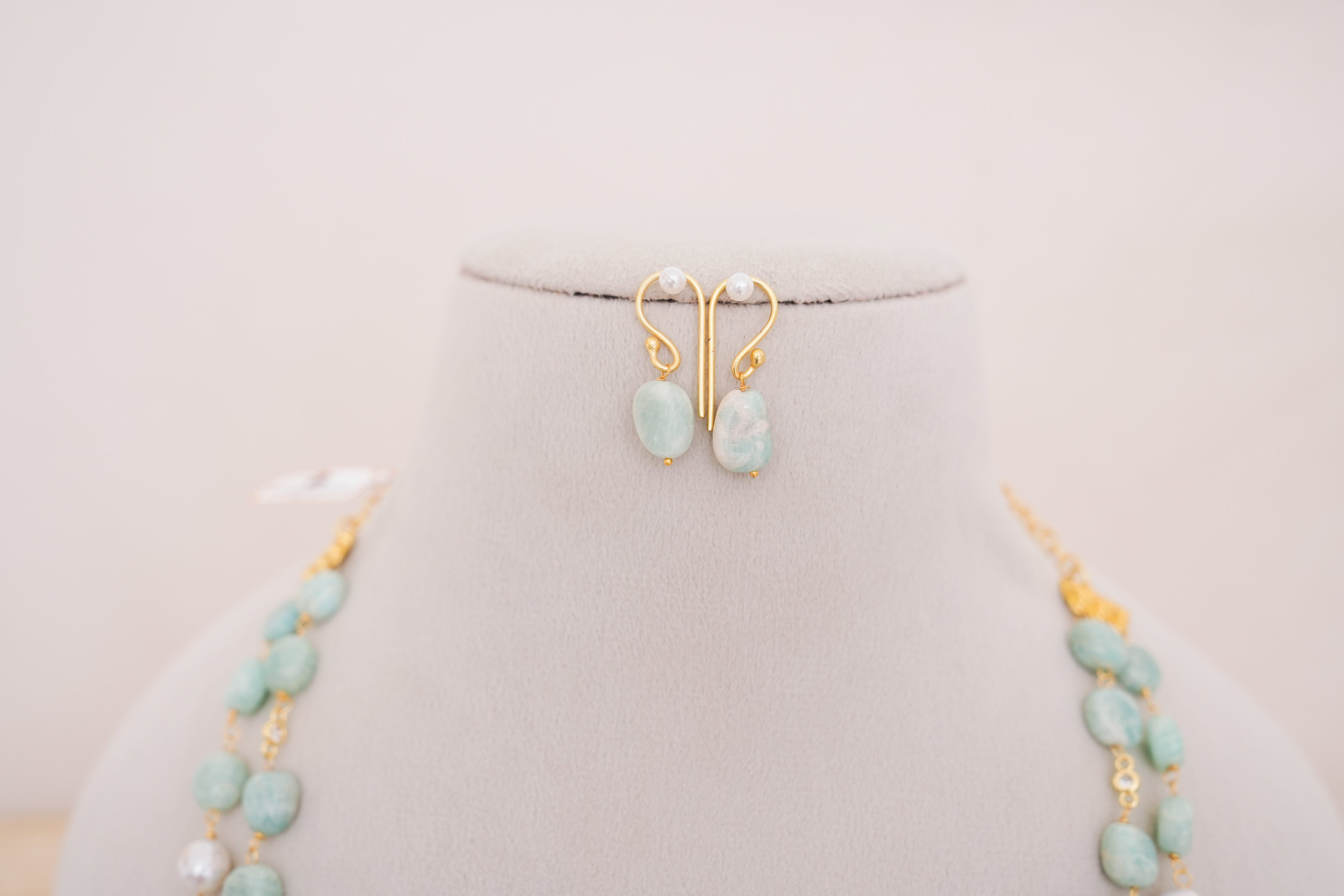 Natural Amazonite & Freshwater Pearl Double Strand Necklace Set